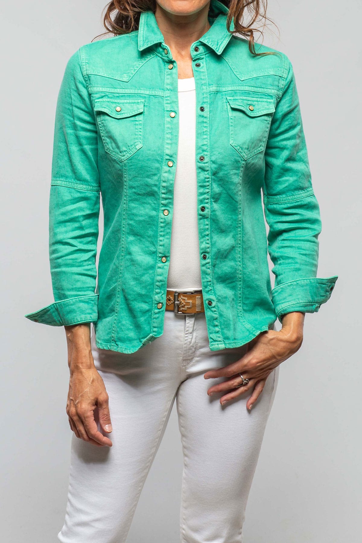 Yarmony Linen-Cotton Snap Shirt In Kingman Turquoise - AXEL'S