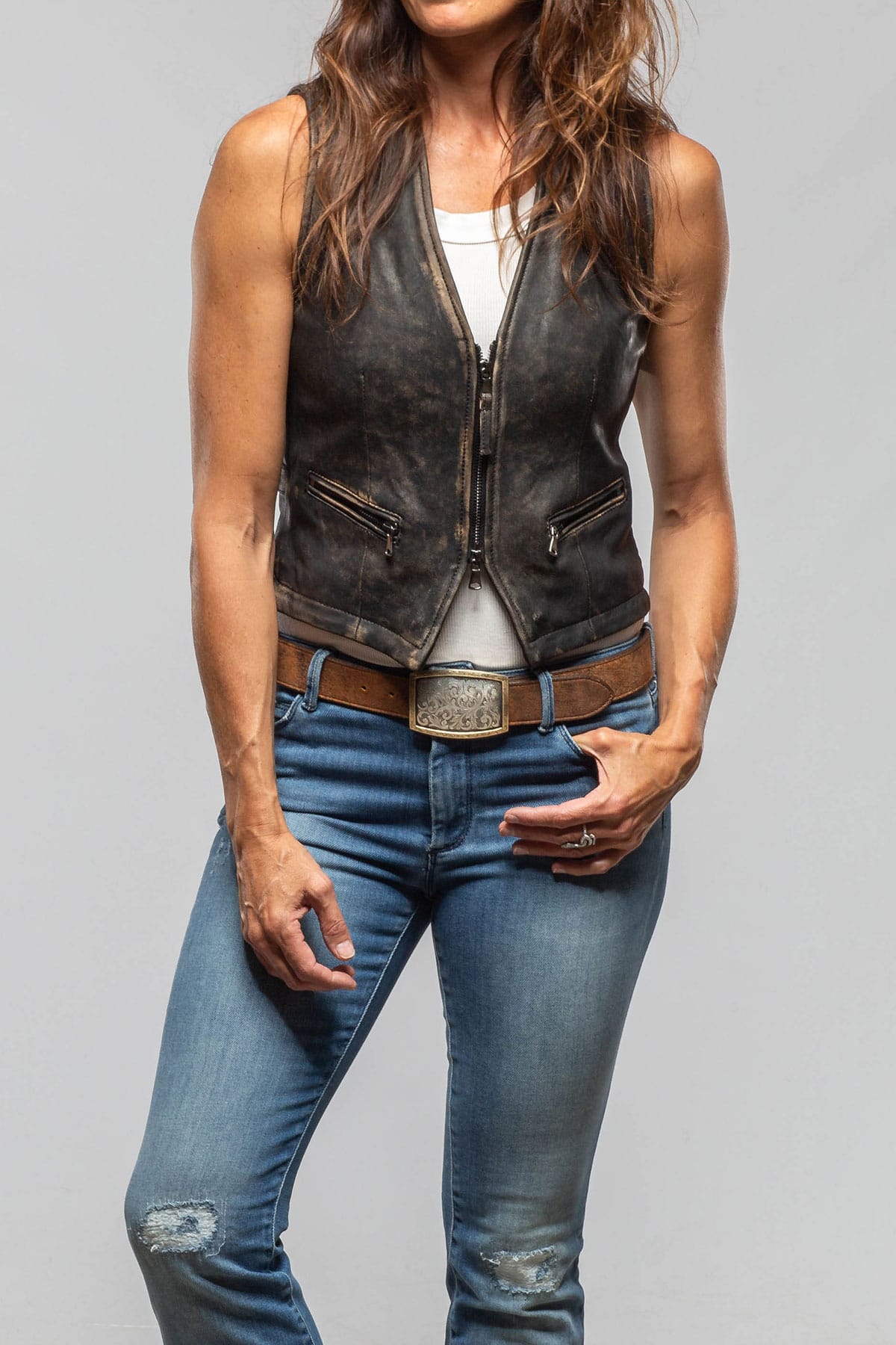 Axel's Renegade by Garrett Mavi Leather Zipper Vest In Vintage Black Ladies - Outerwear - Leather