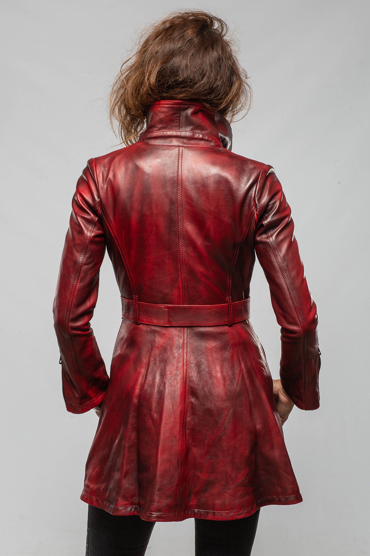 Axel's Renegade by Garrett Mori Belted Long Leather Jacket In Charred Red Ladies - Outerwear - Leather