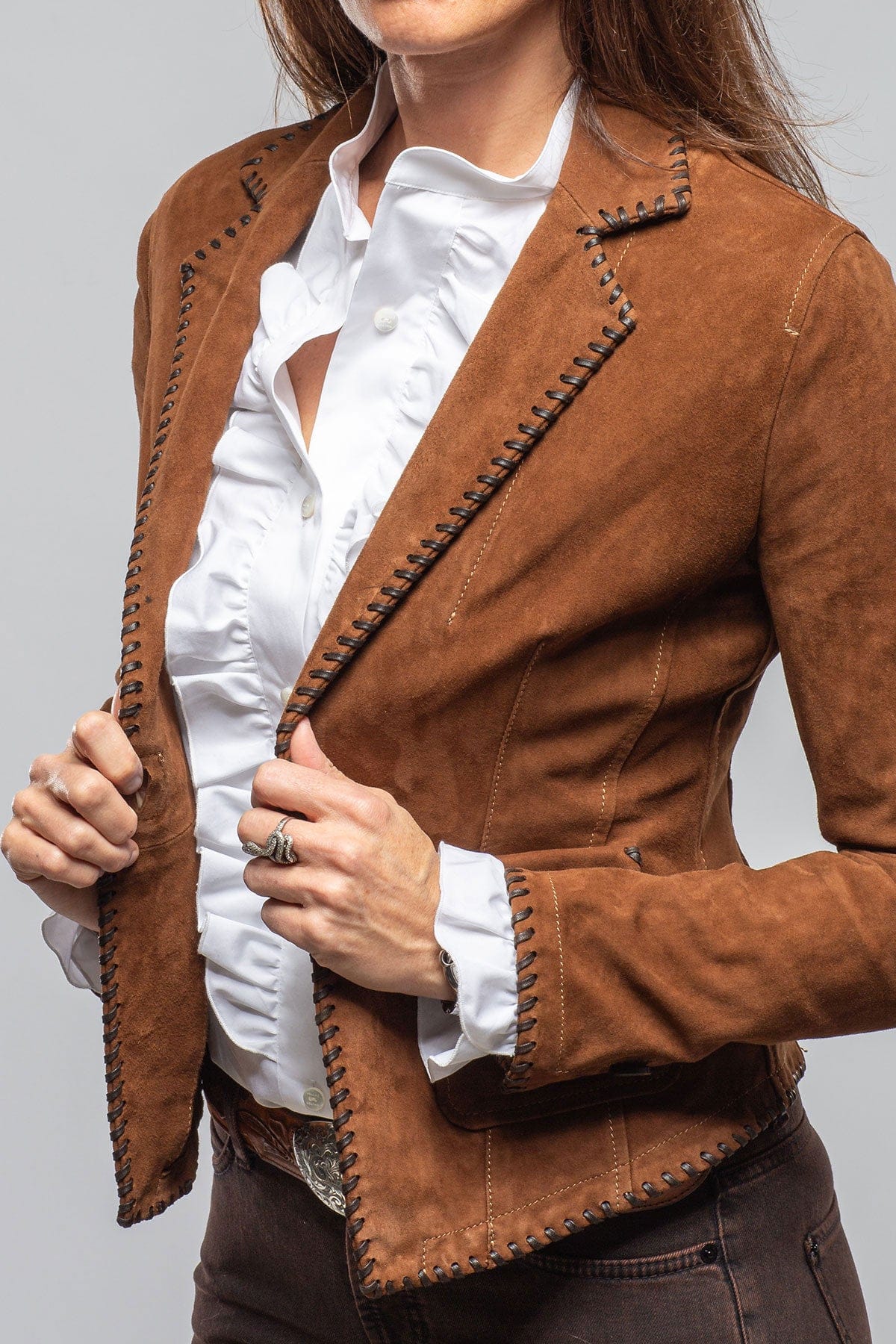 Axel's Renegade by Garrett Remuda Suede Whipstich Blazer In Cognac Ladies - Outerwear - Leather