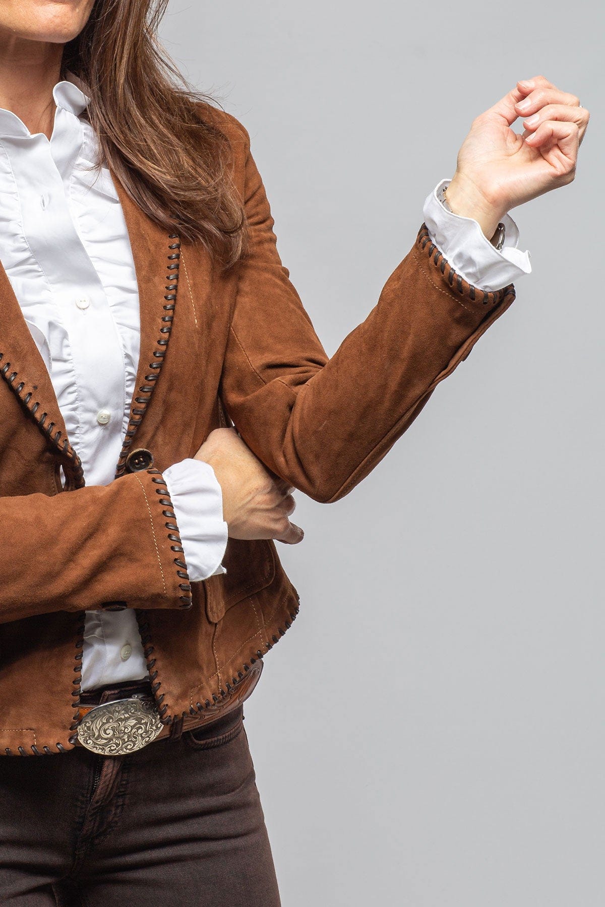 Axel's Renegade by Garrett Remuda Suede Whipstich Blazer In Cognac Ladies - Outerwear - Leather