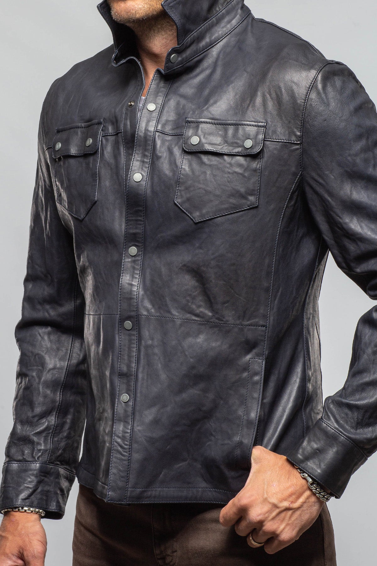 Axel's Renegade by Garrett Tame Leather Shirt In Navy Mens - Outerwear - Leather