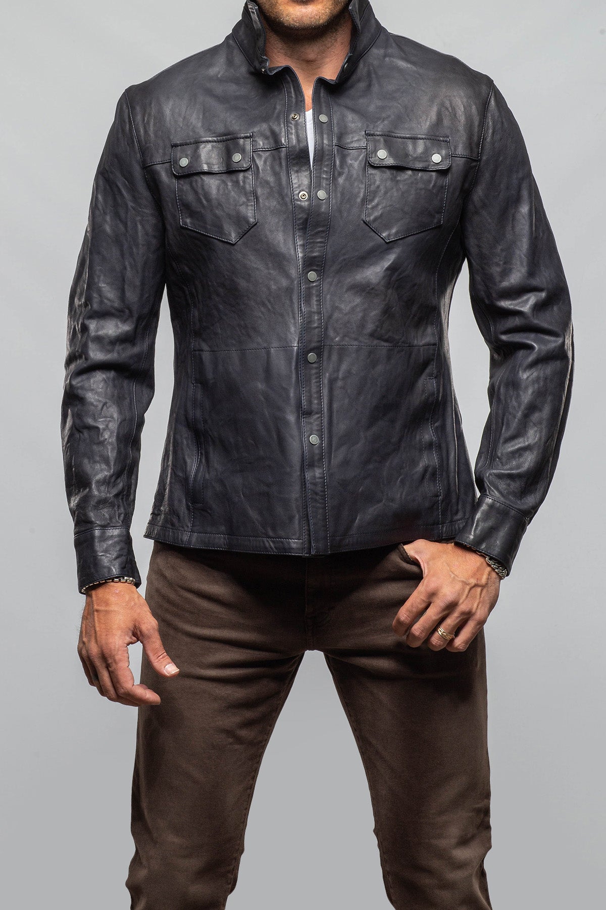 Axel's Renegade by Garrett Tame Leather Shirt In Navy Mens - Outerwear - Leather