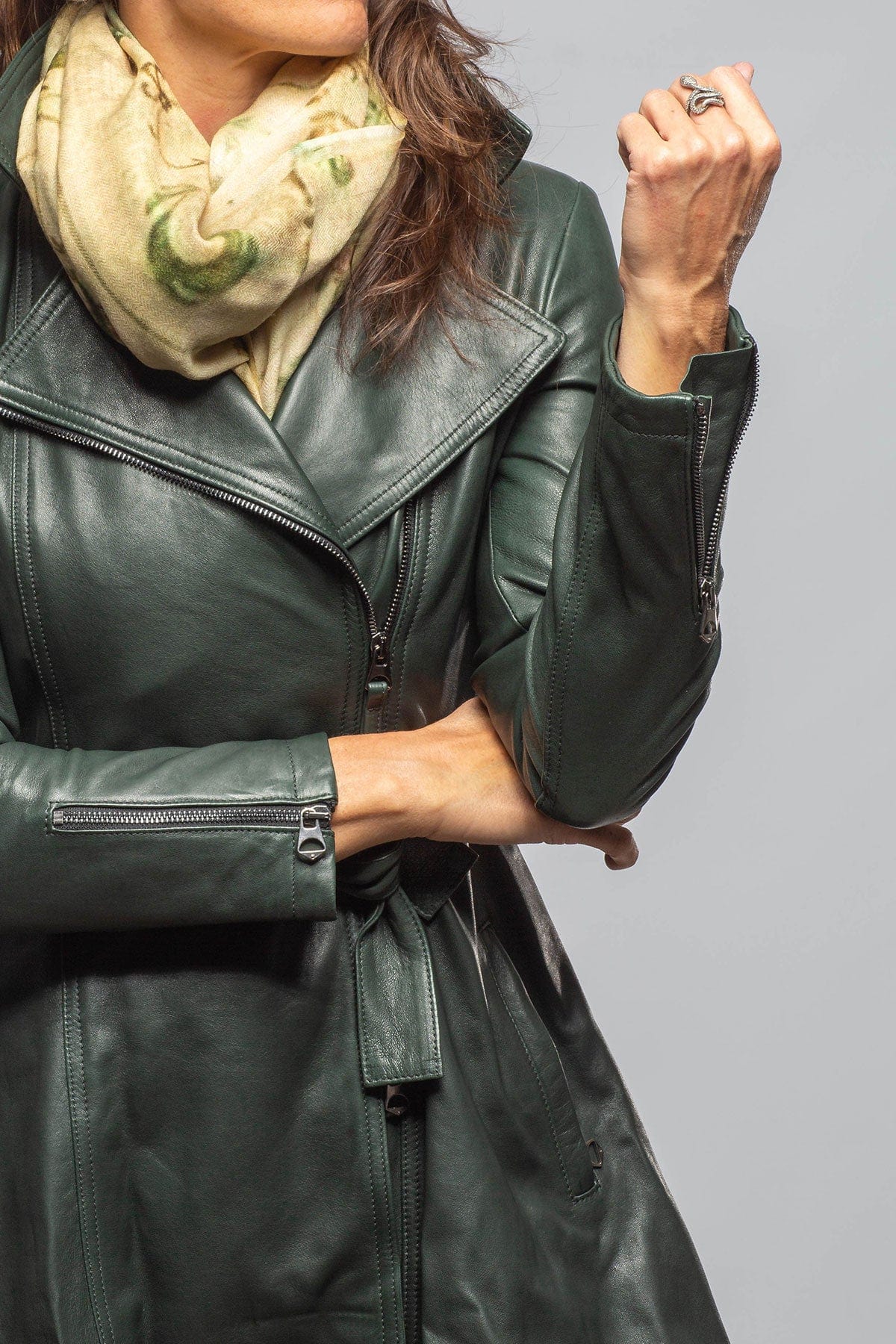 Mori Long Side Zip Leather Jacket In Charred Bottle Green - AXEL'S