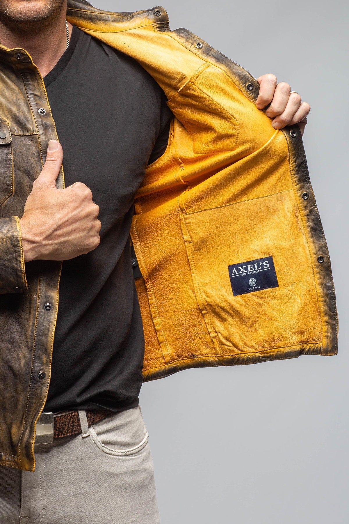 Railroad Rustic Leather Shirt Jacket In Distressed Yellow - AXEL'S