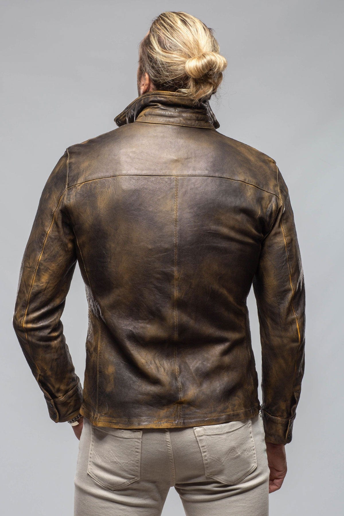 Railroad Rustic Leather Shirt Jacket In Distressed Yellow - AXEL'S