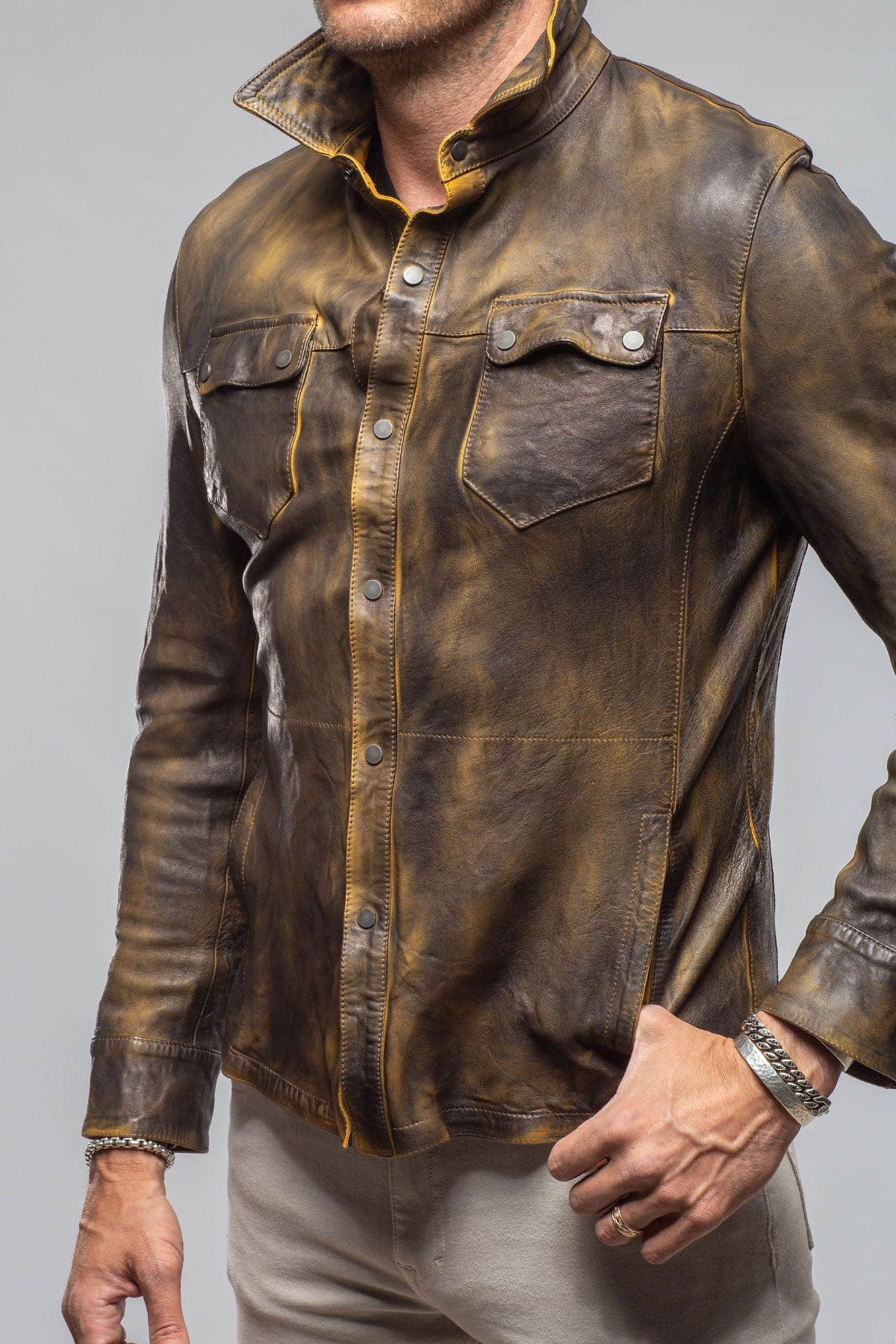 Railroad Rustic Leather Shirt Jacket In Distressed Yellow - AXEL'S