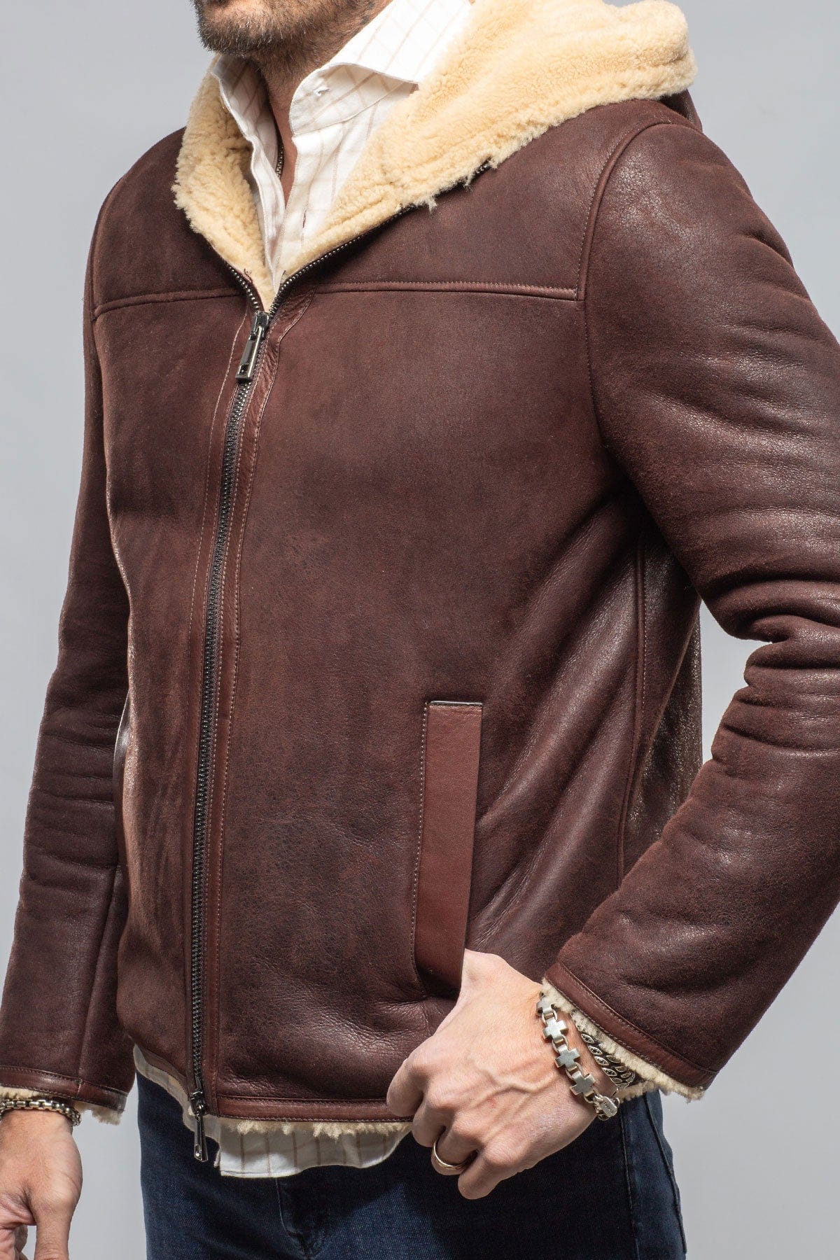 Axel's Stil Alfeo Rustico Hooded Shearling In Burgundy Mens - Outerwear - Shearling
