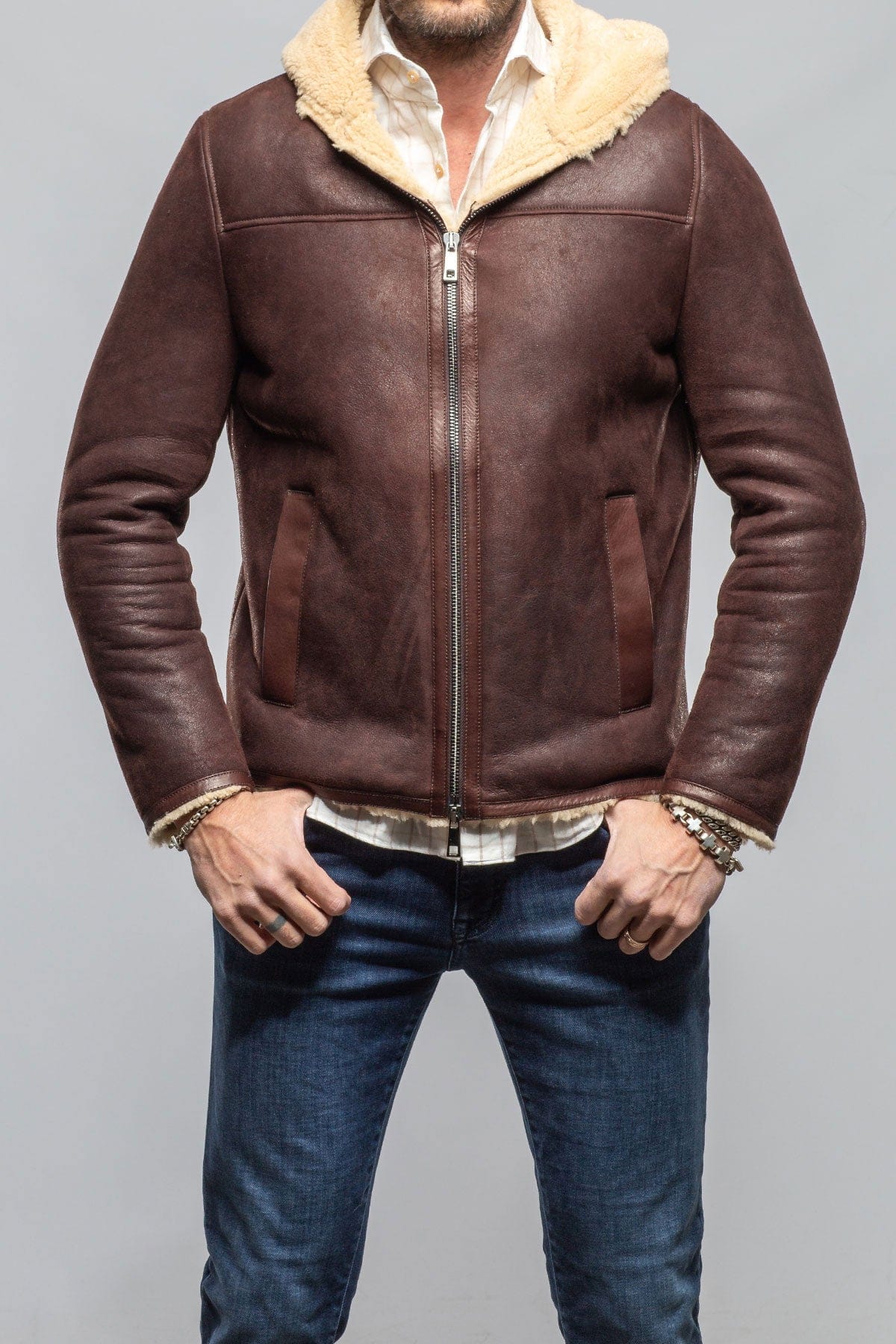 Axel's Stil Alfeo Rustico Hooded Shearling In Burgundy Mens - Outerwear - Shearling