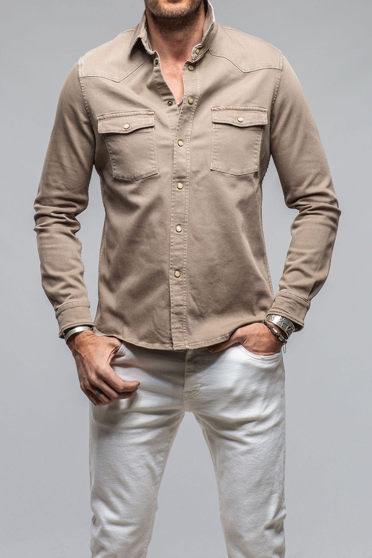 Axel's Premium Denim Ranger Colored Denim Snap Shirt In Tortora