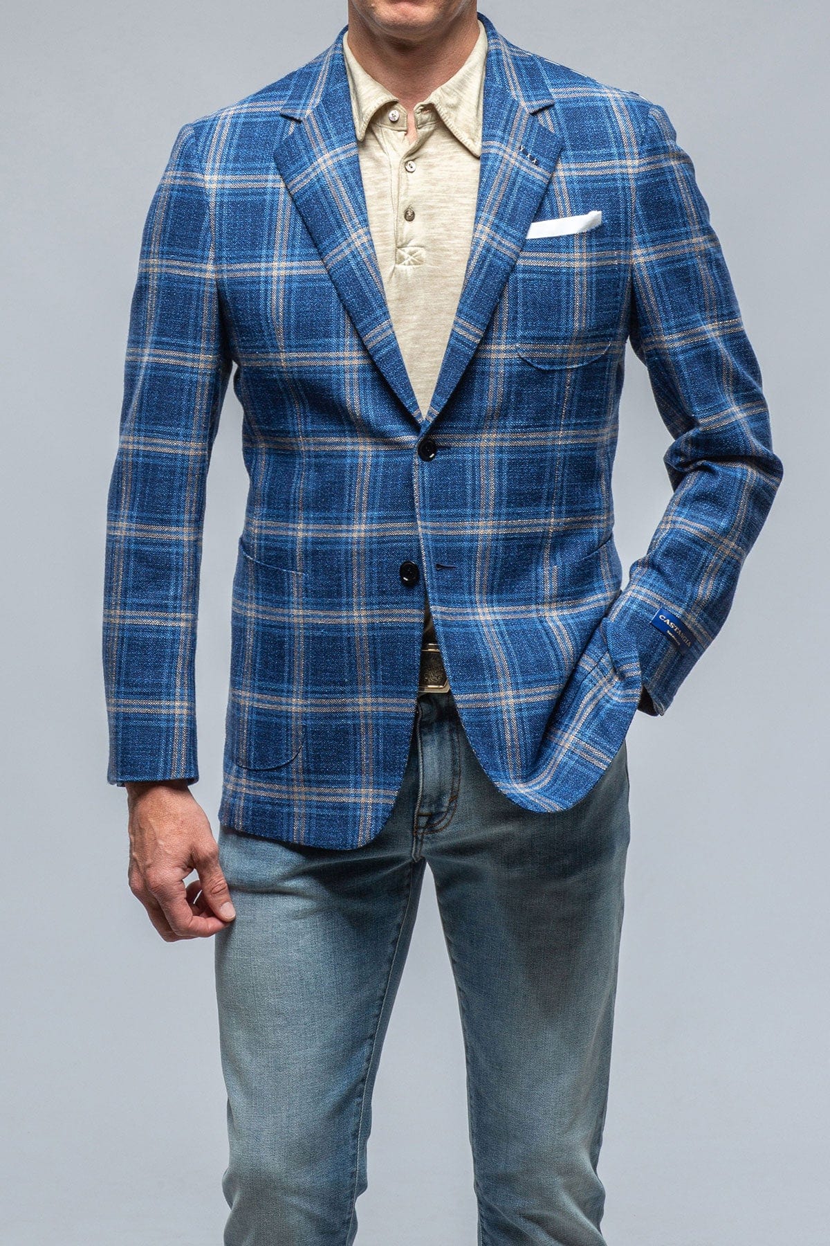 Dortania Sport Coat In Blue With Orange Windowpane - AXEL'S