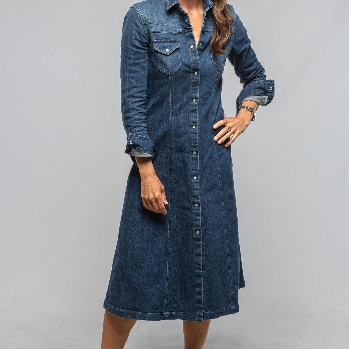 Dune Cody Snap Dress In Mid Blue Denim | Axel's of Vail Dune Cody Snap Dress In Mid Blue Denim | Axel's of Vail