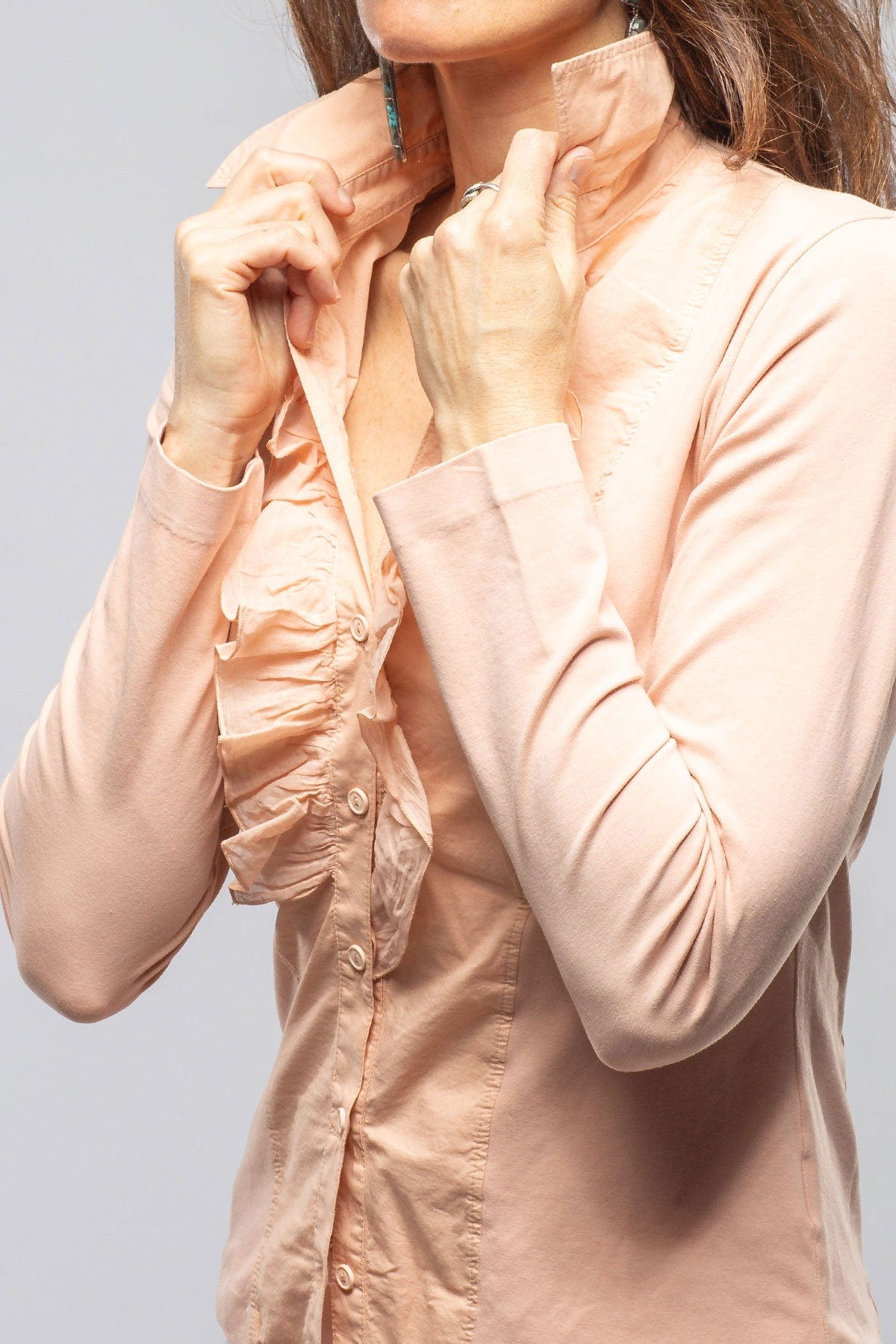 Pennelope Ruffle Front Shirt In Blush - AXEL'S