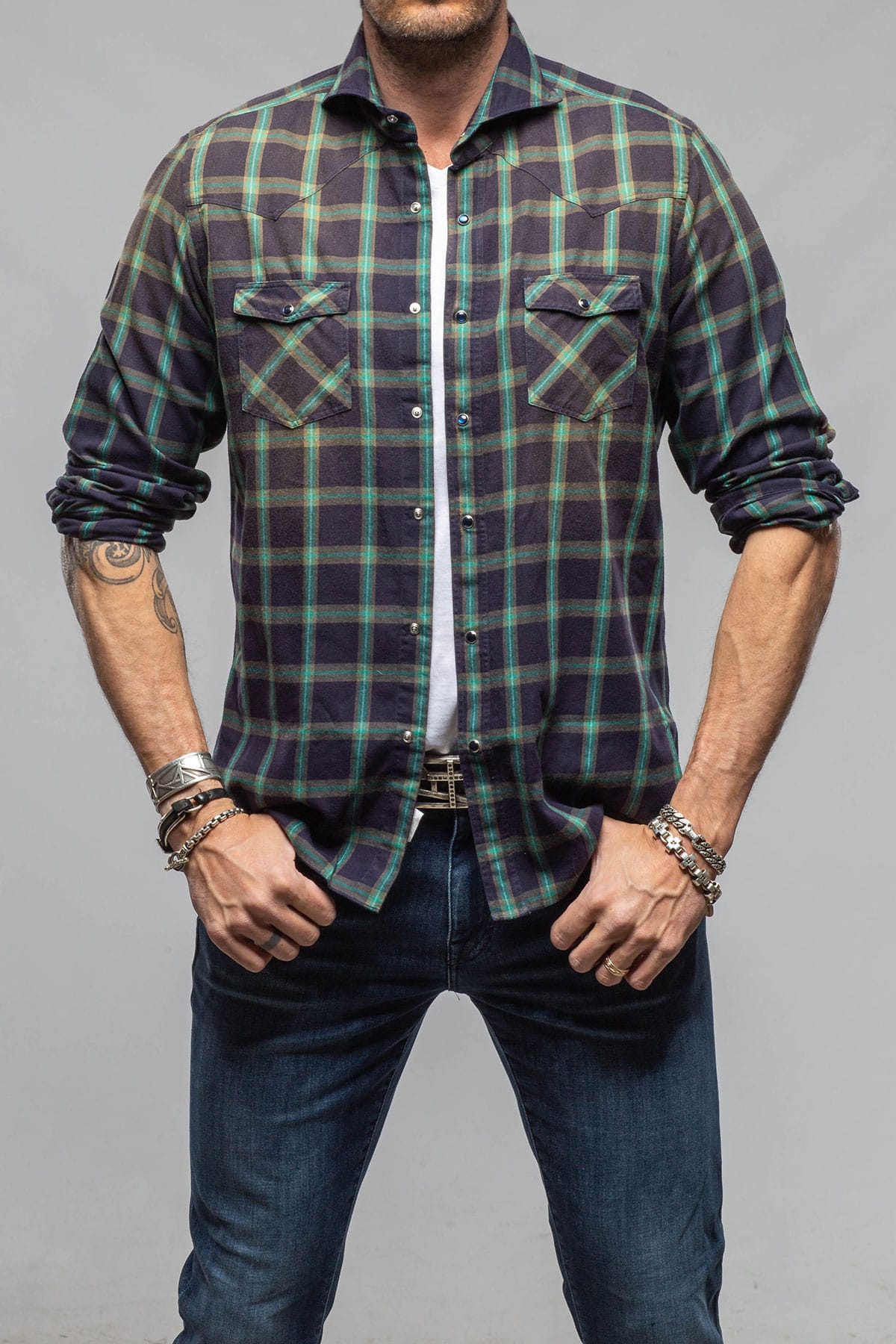 Giannetto Portofino Arakan Western Check Snap Shirt In Navy/Green Mens - Shirts - Dress