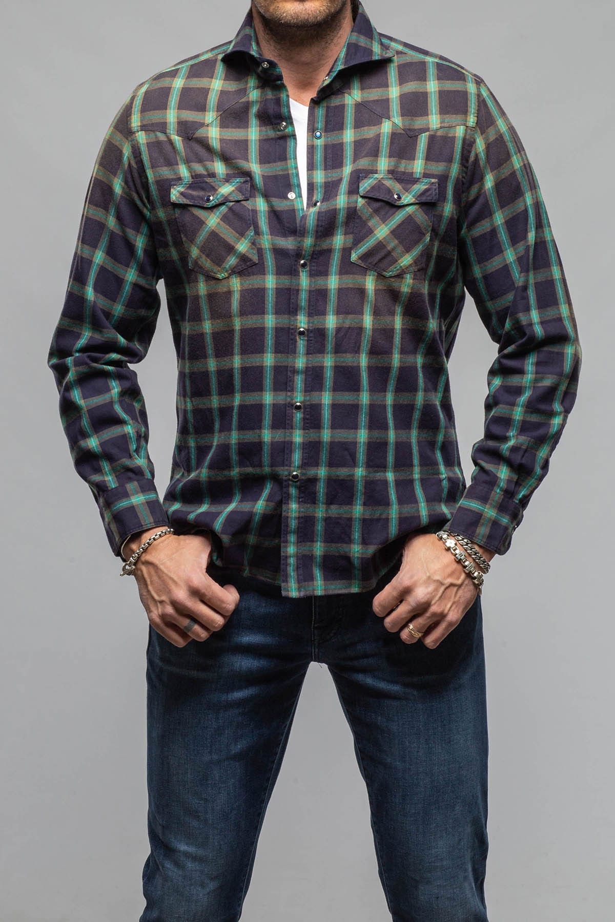 Giannetto Portofino Arakan Western Check Snap Shirt In Navy/Green Mens - Shirts - Dress