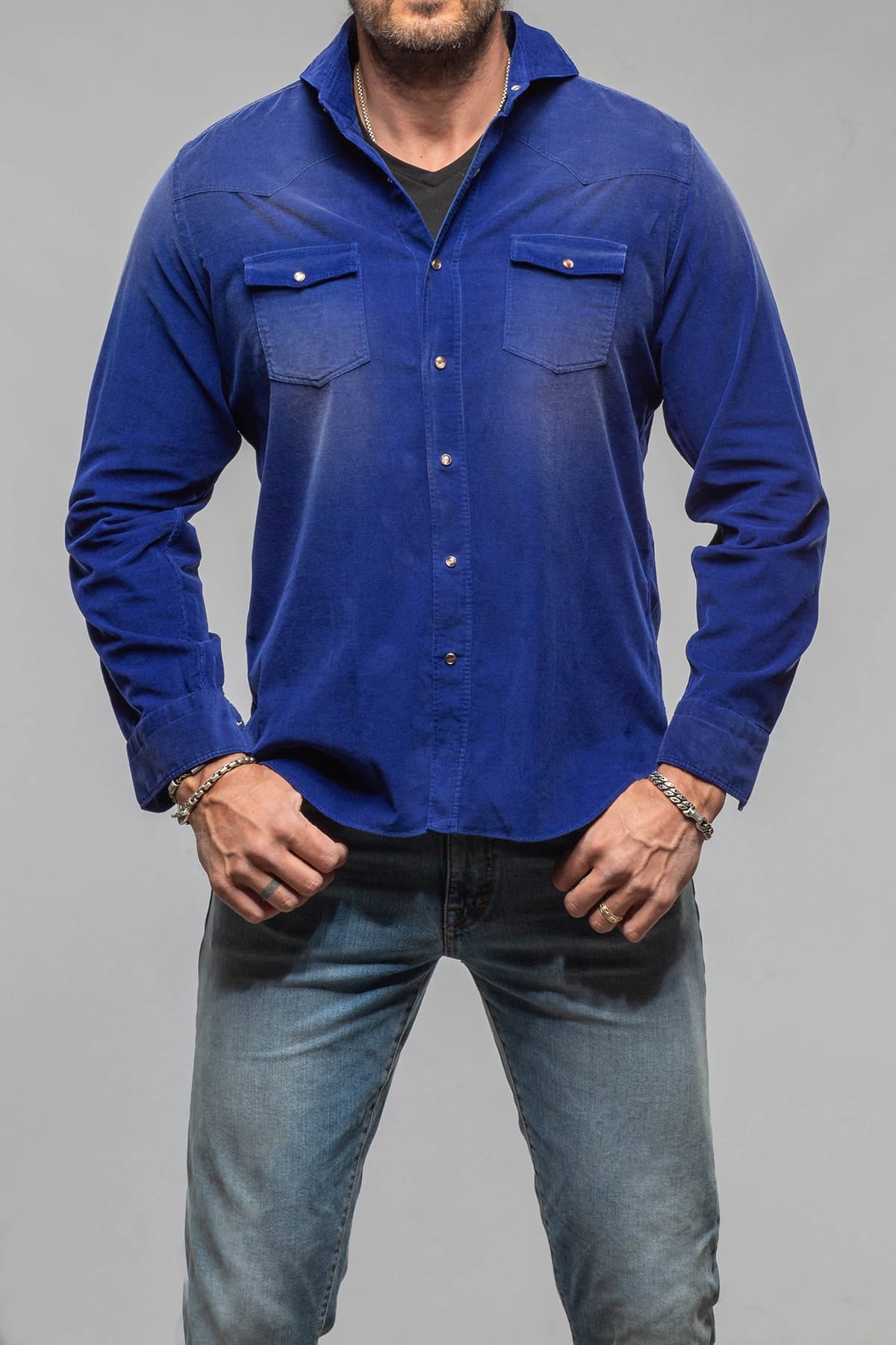 Azure Corduroy Washed Snap In Electric Blue - AXEL'S