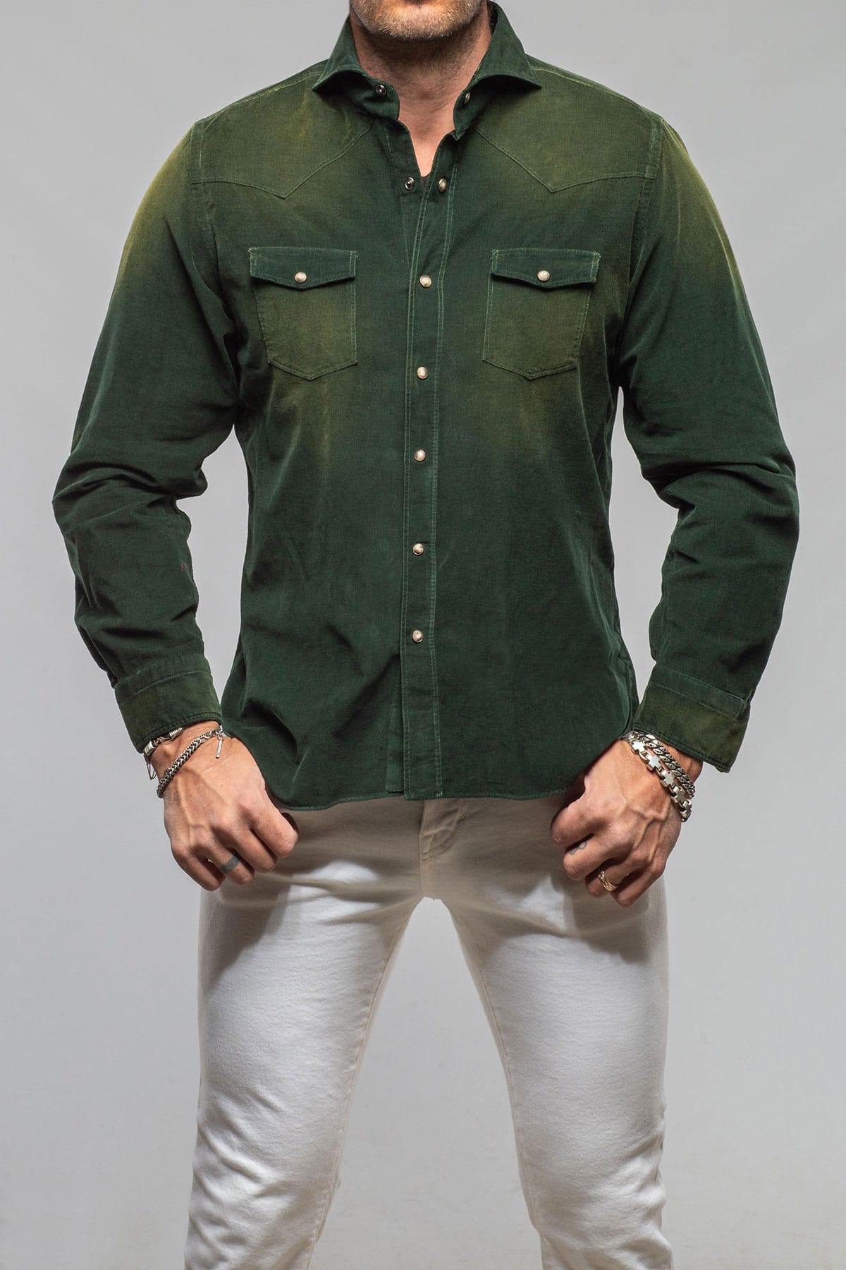Giannetto Portofino Azure Corduroy Washed Snap In Emerald Mens - Shirts - Dress