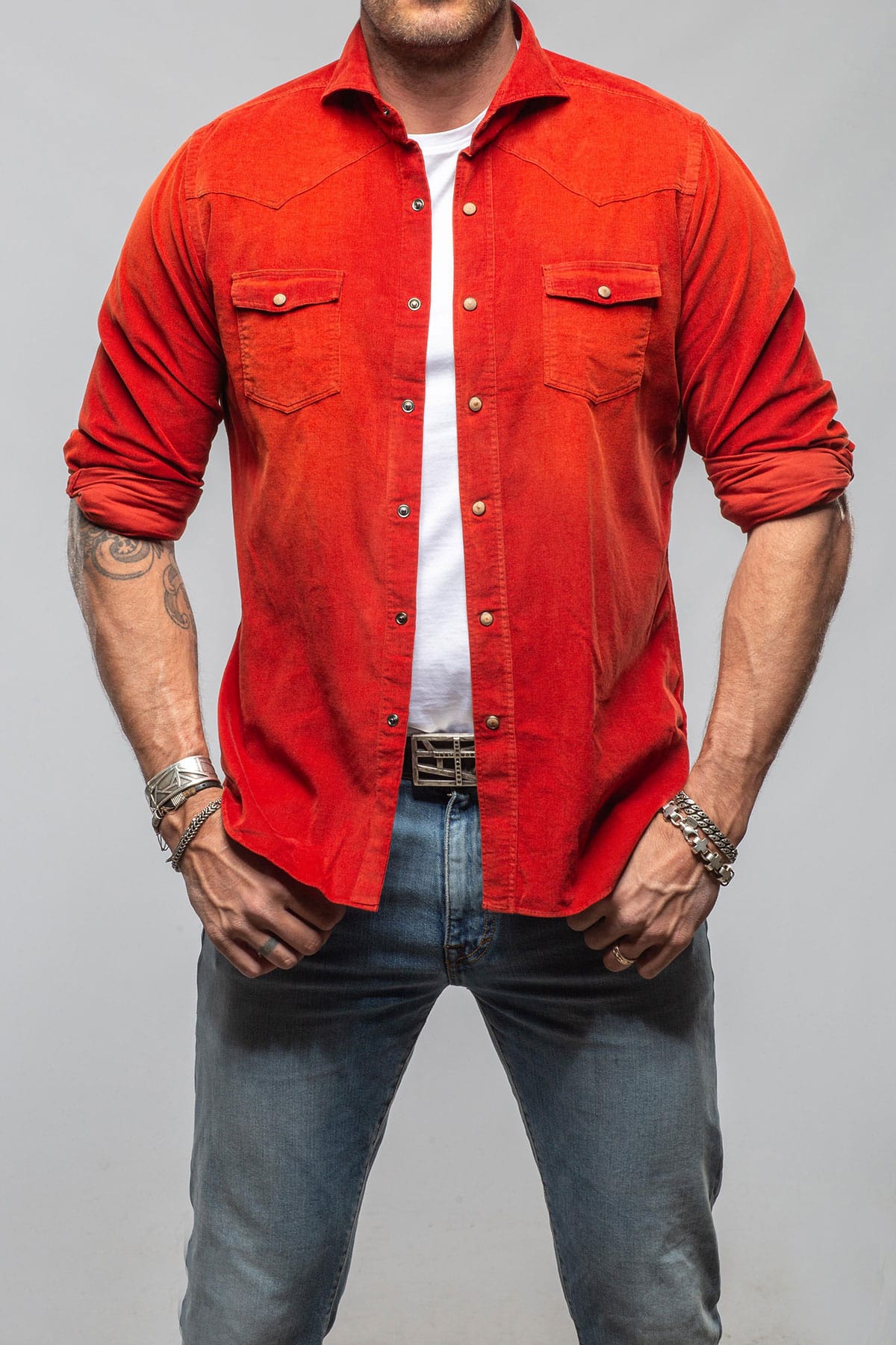 Giannetto Portofino Azure Corduroy Washed Snap In Rust Mens - Shirts - Dress