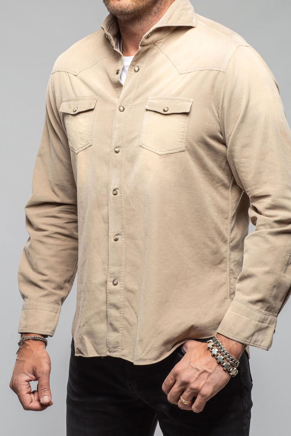 Giannetto Portofino Azure Corduroy Washed Snap In Tortora Mens - Shirts - Dress