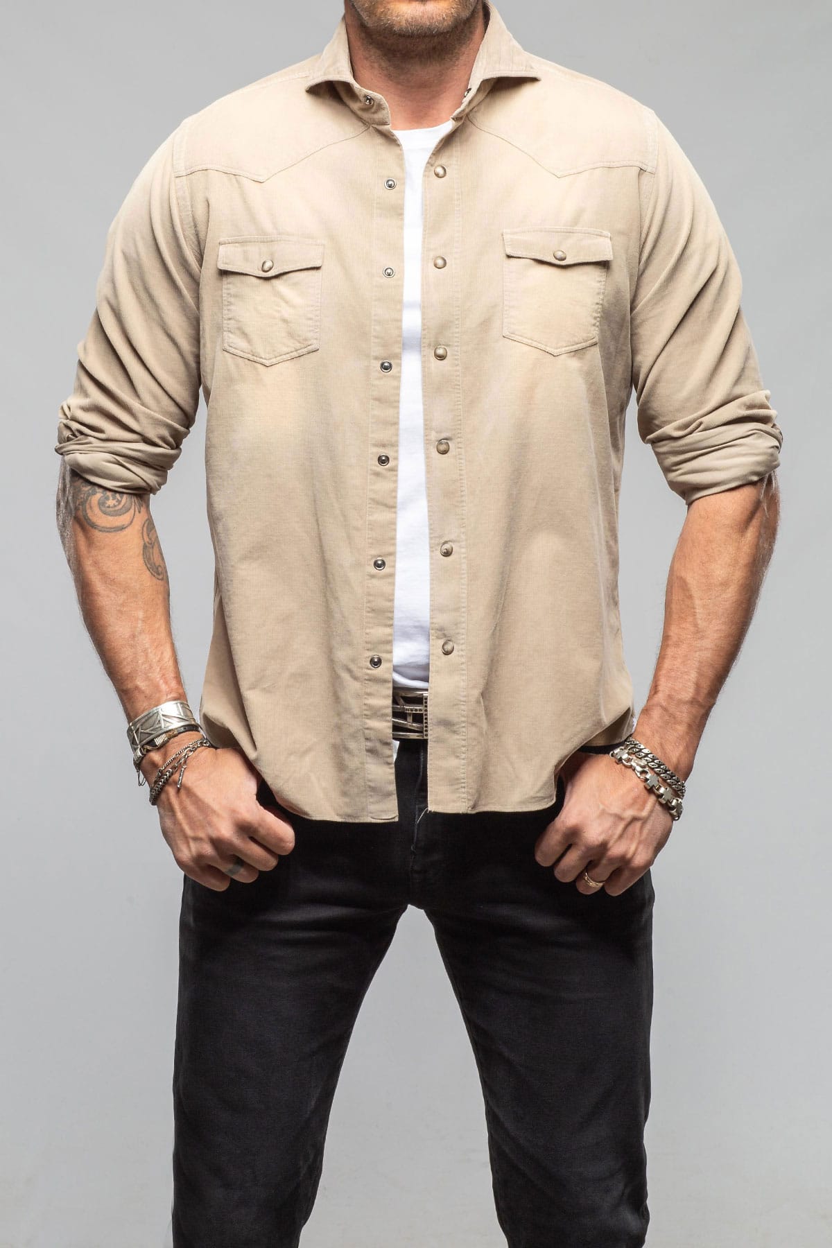 Giannetto Portofino Azure Corduroy Washed Snap In Tortora Mens - Shirts - Dress