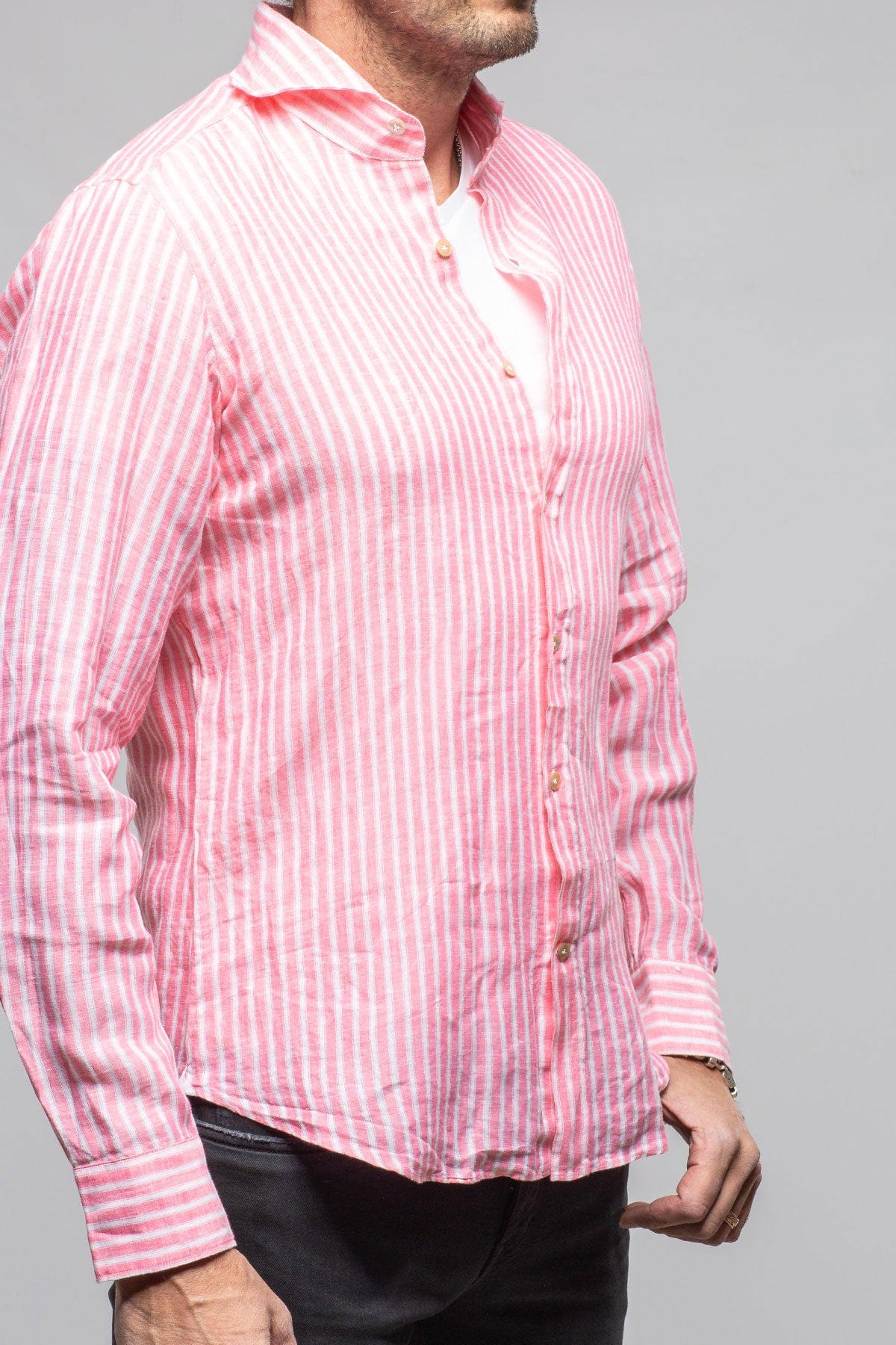 Giannetto Portofino Bulliet Linen Stripe In Pink Mens - Shirts - Dress