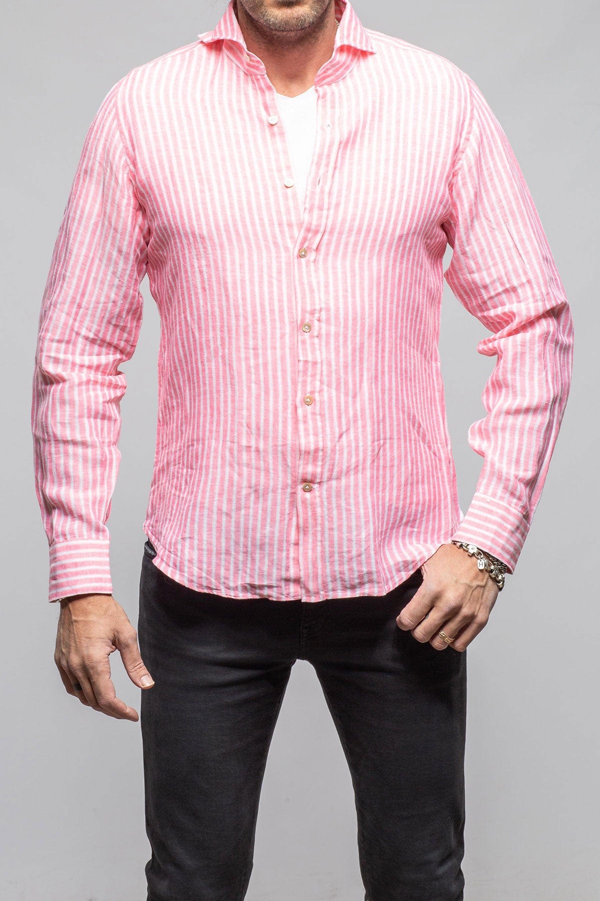 Giannetto Portofino Bulliet Linen Stripe In Pink Mens - Shirts - Dress