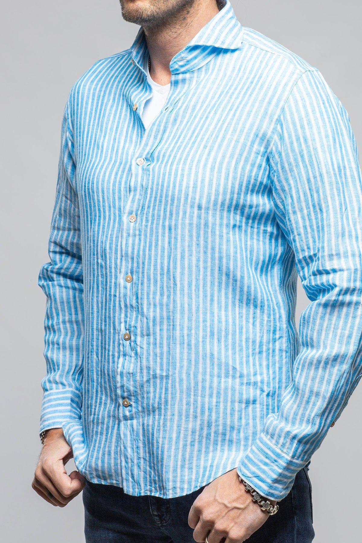 Giannetto Portofino Bulliet Linen Stripe Shirt In Blue Mens - Shirts - Dress