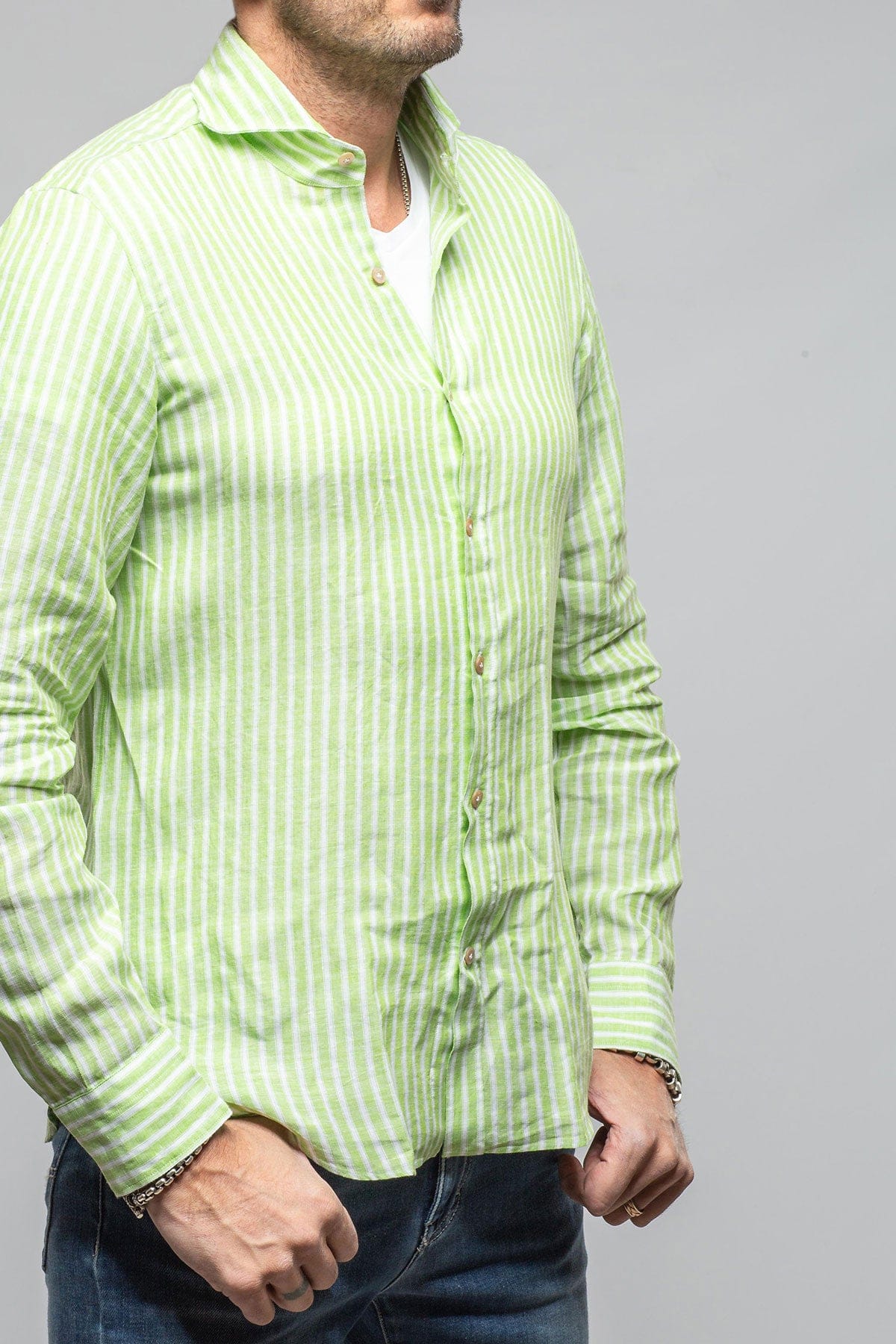 Giannetto Portofino Bulliet Linen Stripe Shirt In Green Mens - Shirts - Dress