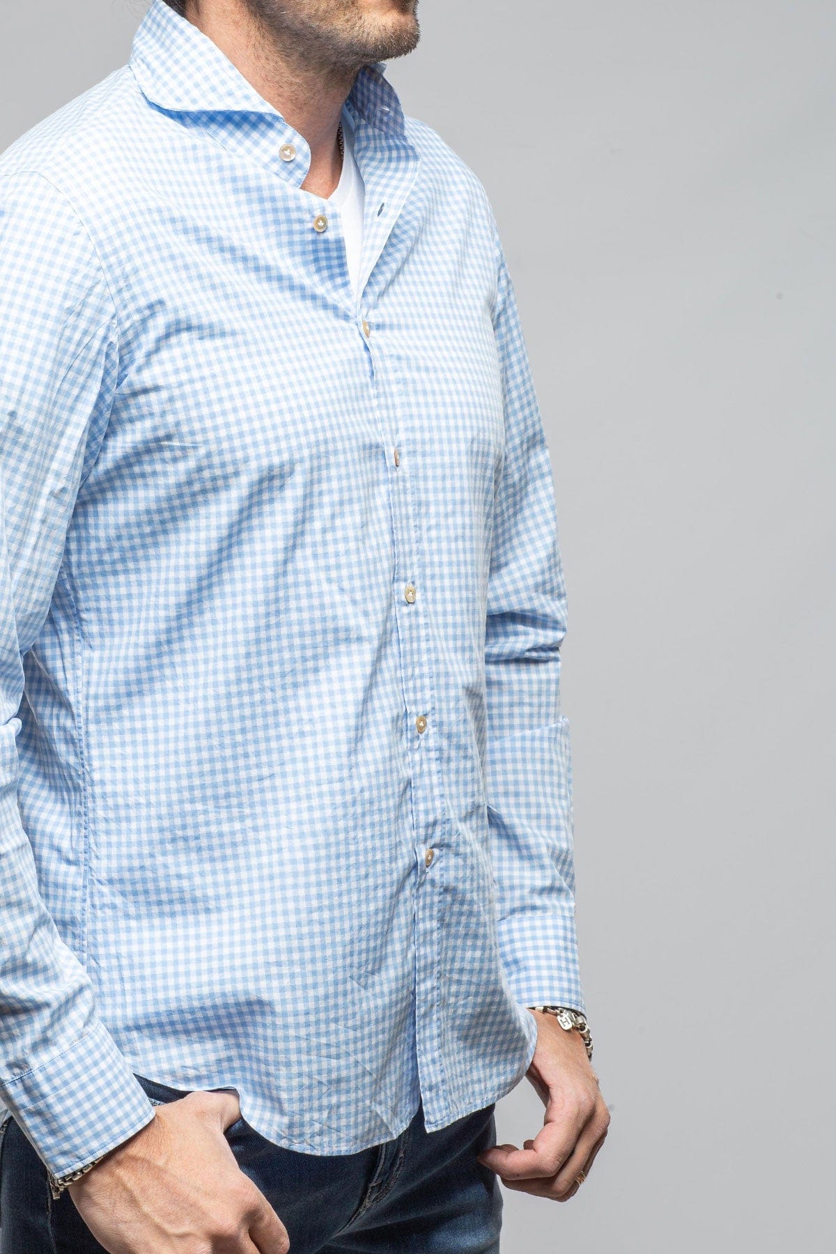 Giannetto Portofino Diago Cotton Gingham Shirt In Light Blue Mens - Shirts - Dress
