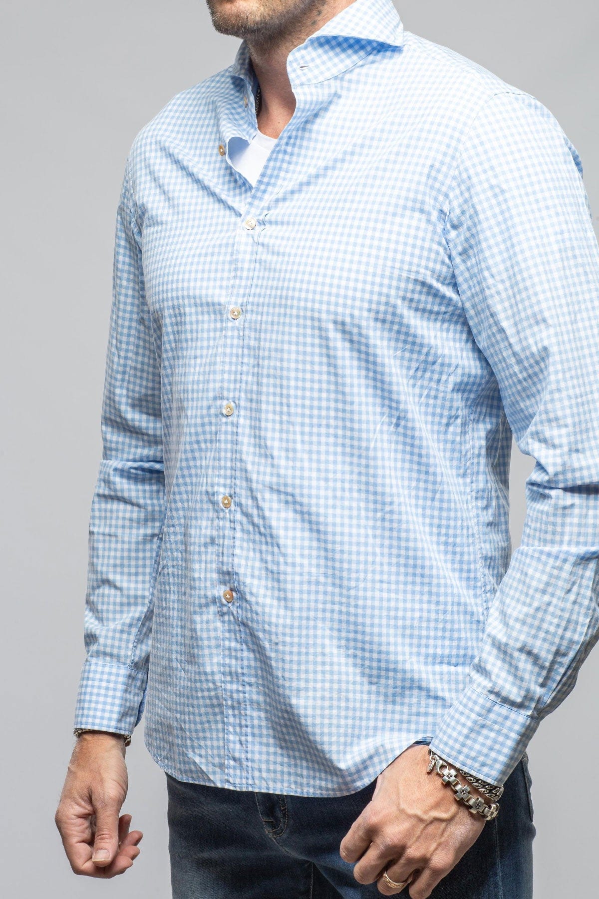 Giannetto Portofino Diago Cotton Gingham Shirt In Light Blue Mens - Shirts - Dress