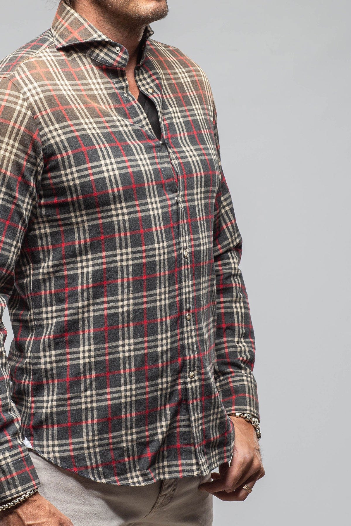 Dreamy Snap Flannel In Grey With Red Window Pane - AXEL'S