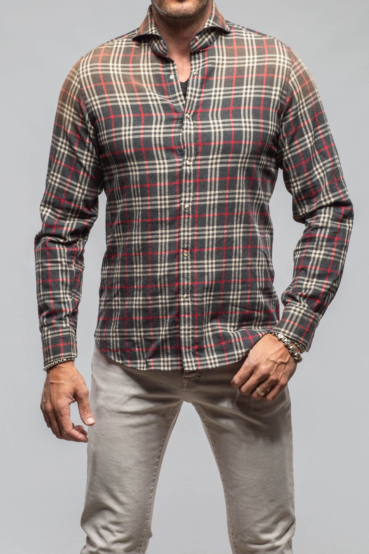 Dreamy Snap Flannel In Grey With Red Window Pane - AXEL'S