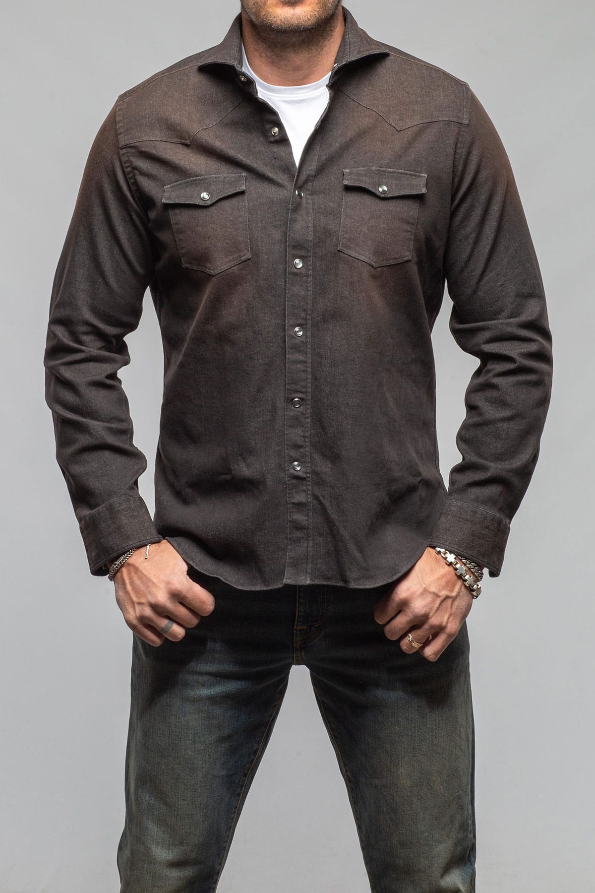 Giannetto Portofino Elias Denim Western Snap Shirt In Black Mens - Shirts - Dress
