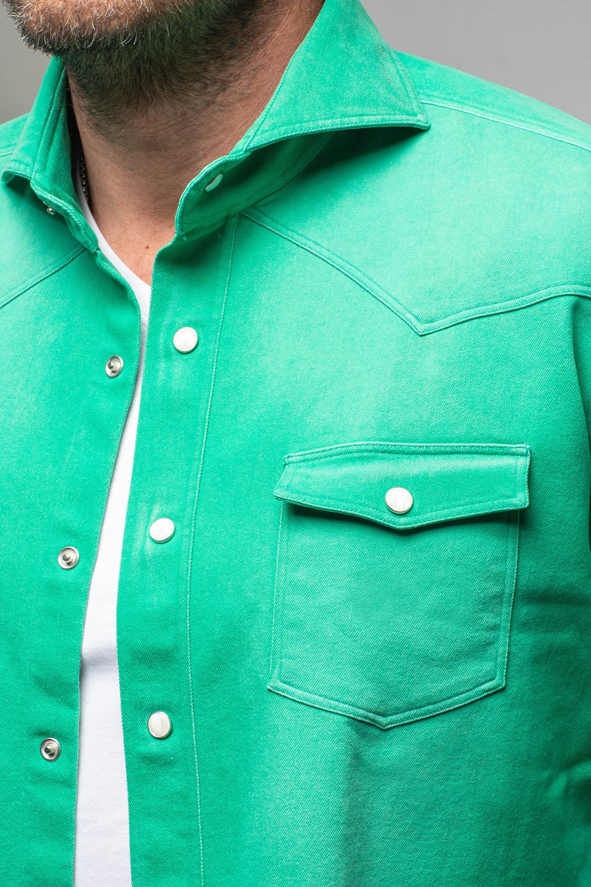 Elias Denim Western Snap Shirt In Green - AXEL'S