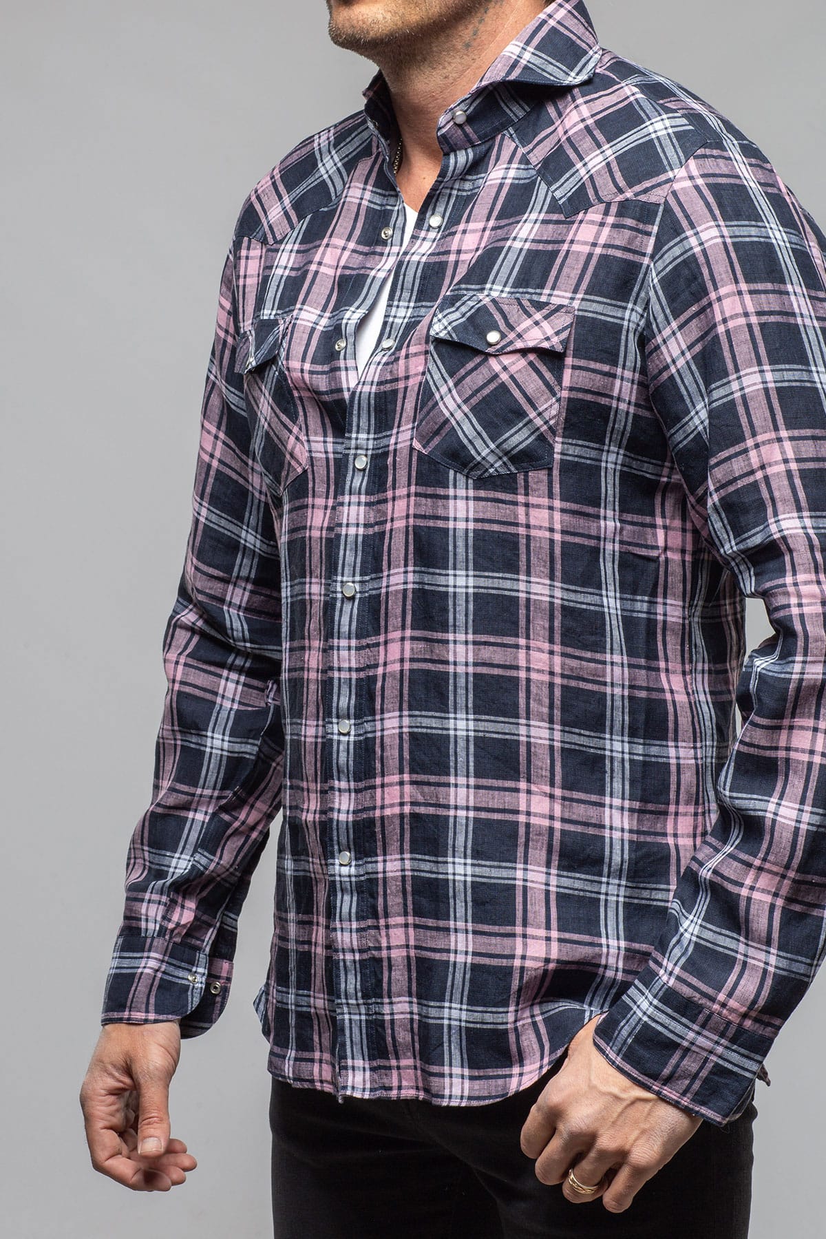 Giannetto Portofino Firenze Linen Snap Shirt In Navy/Pink Mens - Shirts - Dress