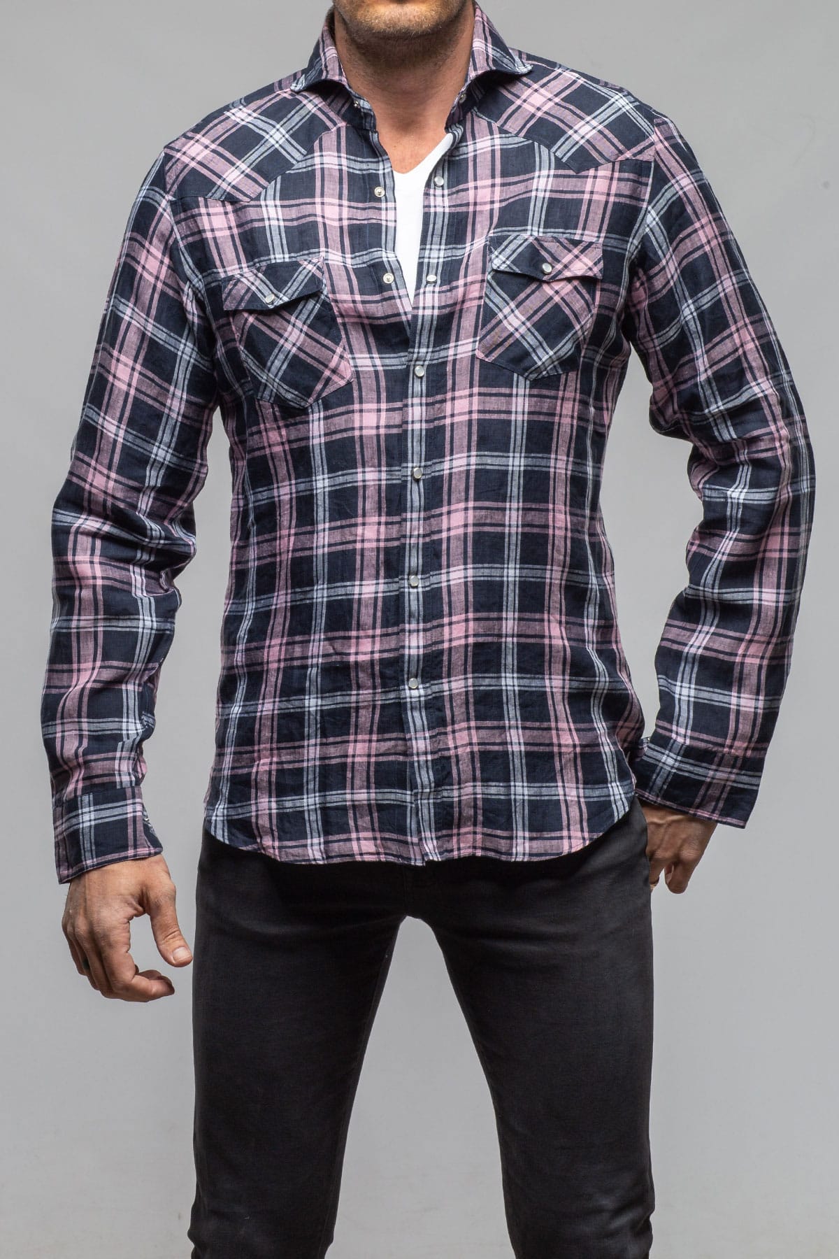 Giannetto Portofino Firenze Linen Snap Shirt In Navy/Pink Mens - Shirts - Dress