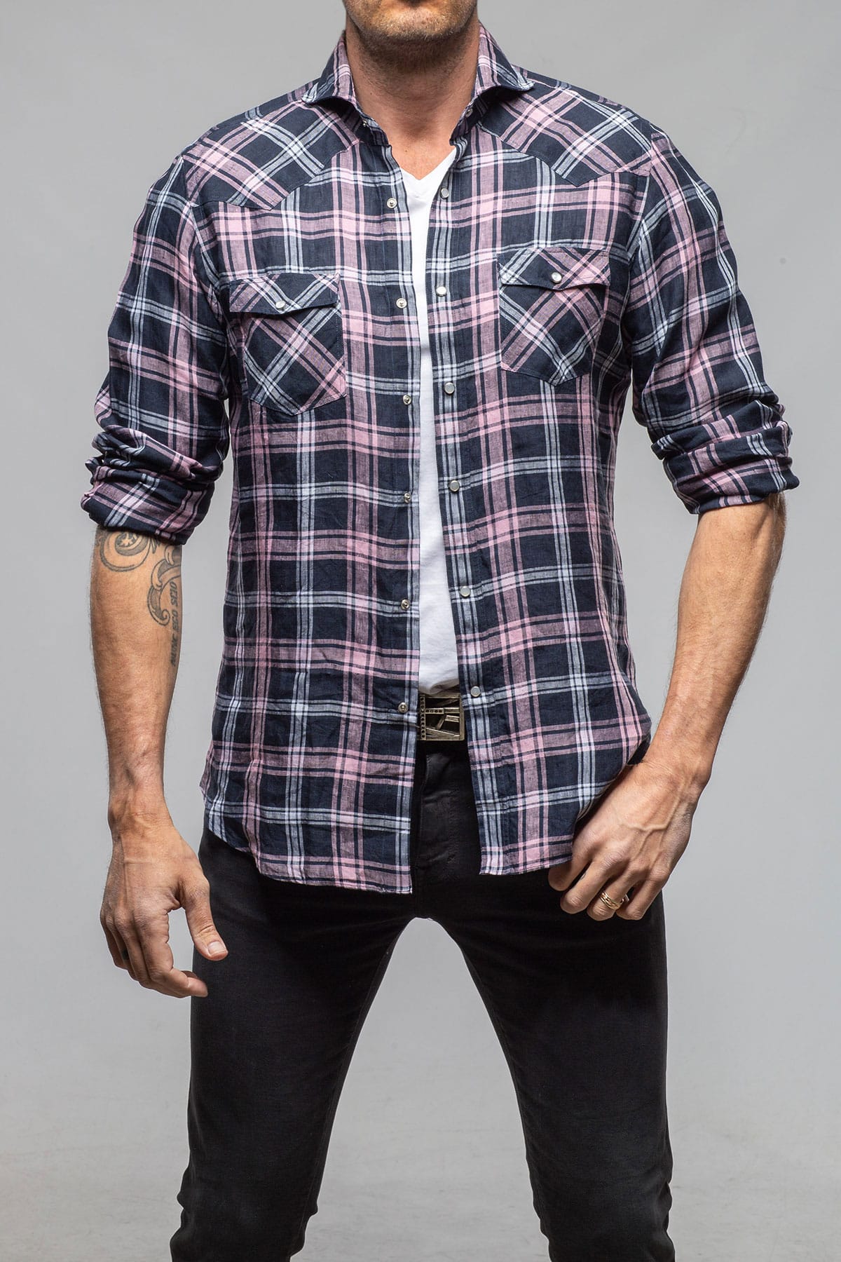 Giannetto Portofino Firenze Linen Snap Shirt In Navy/Pink Mens - Shirts - Dress