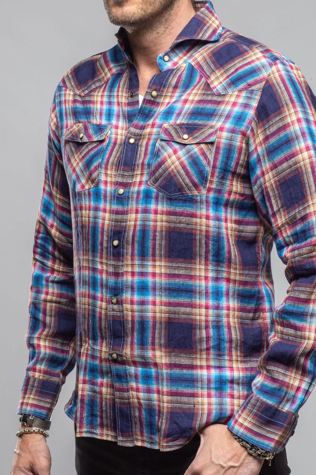 Firenze Linen Snap Shirt In Navy - AXEL'S