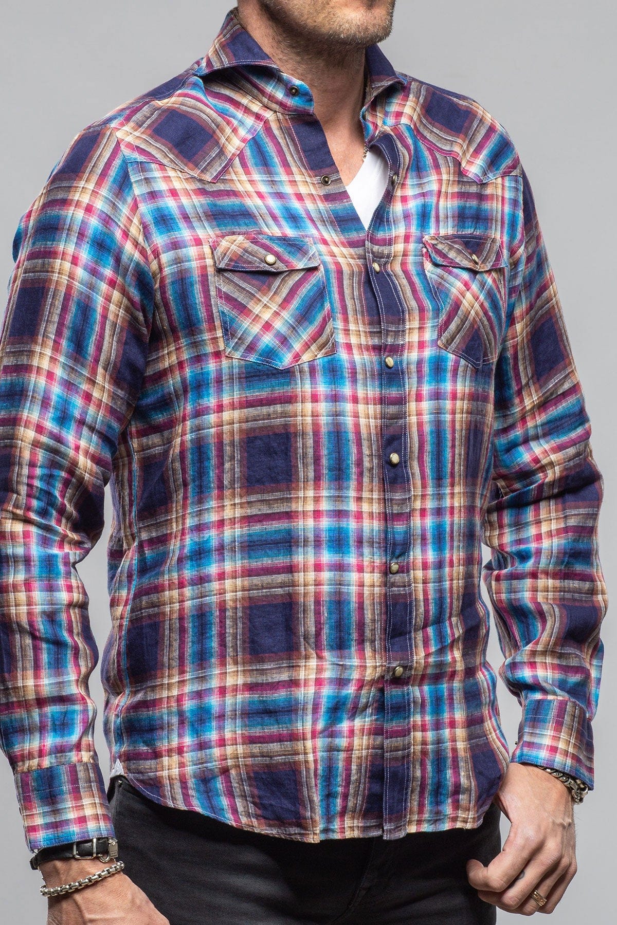 Firenze Linen Snap Shirt In Navy - AXEL'S