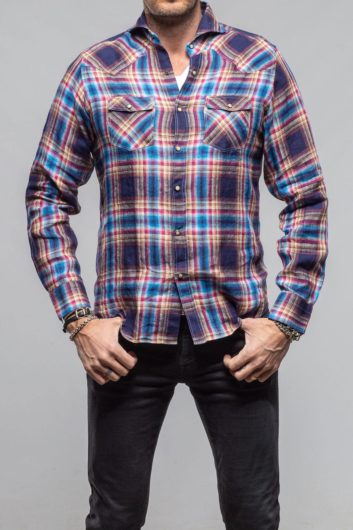 Firenze Linen Snap Shirt In Navy - AXEL'S