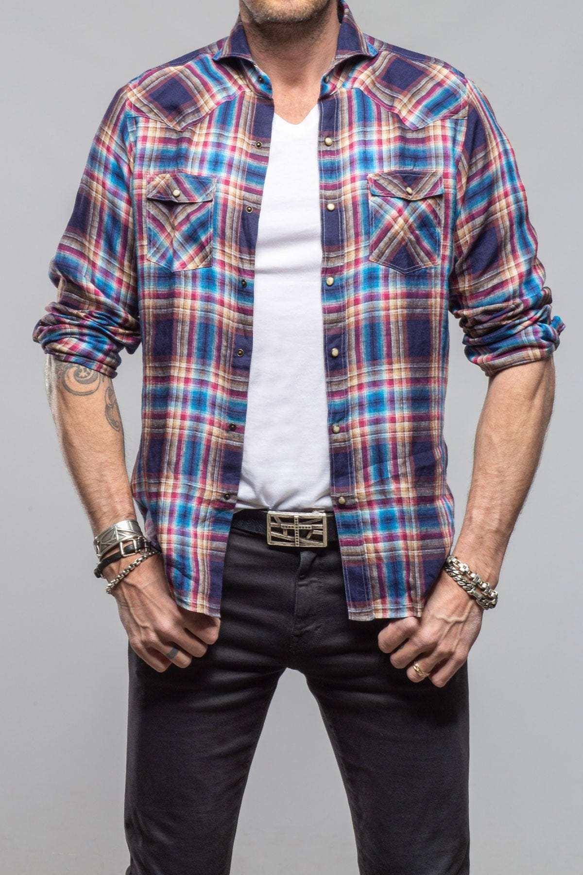 Firenze Linen Snap Shirt In Navy - AXEL'S