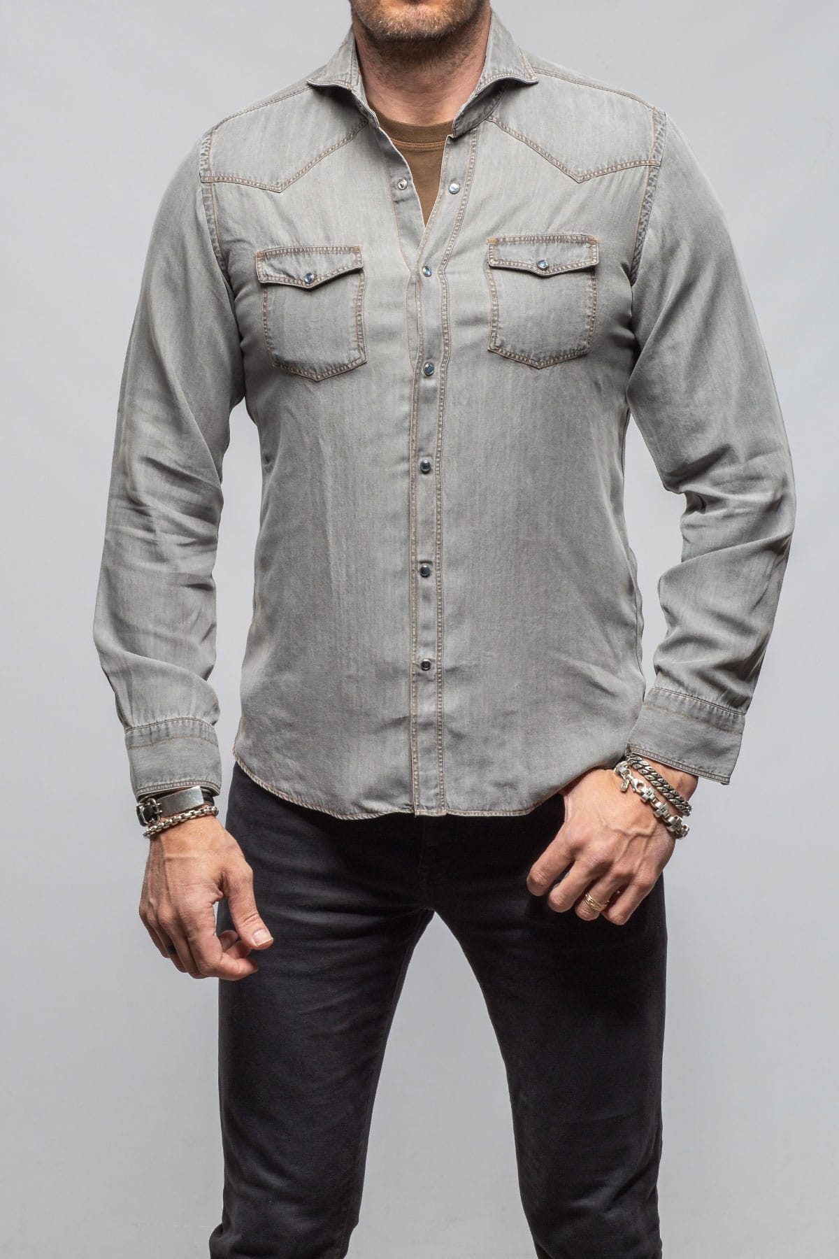 Giannetto Portofino Grey Cliff Western Snap Shirt In Grey Mens - Shirts - Dress