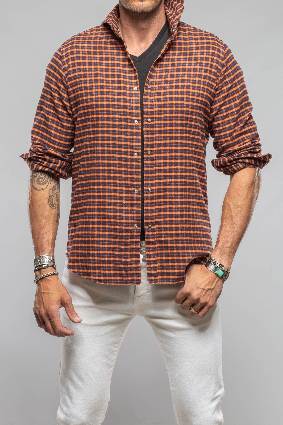 Harmony Check Flannel Shirt In Blue Orange - AXEL'S