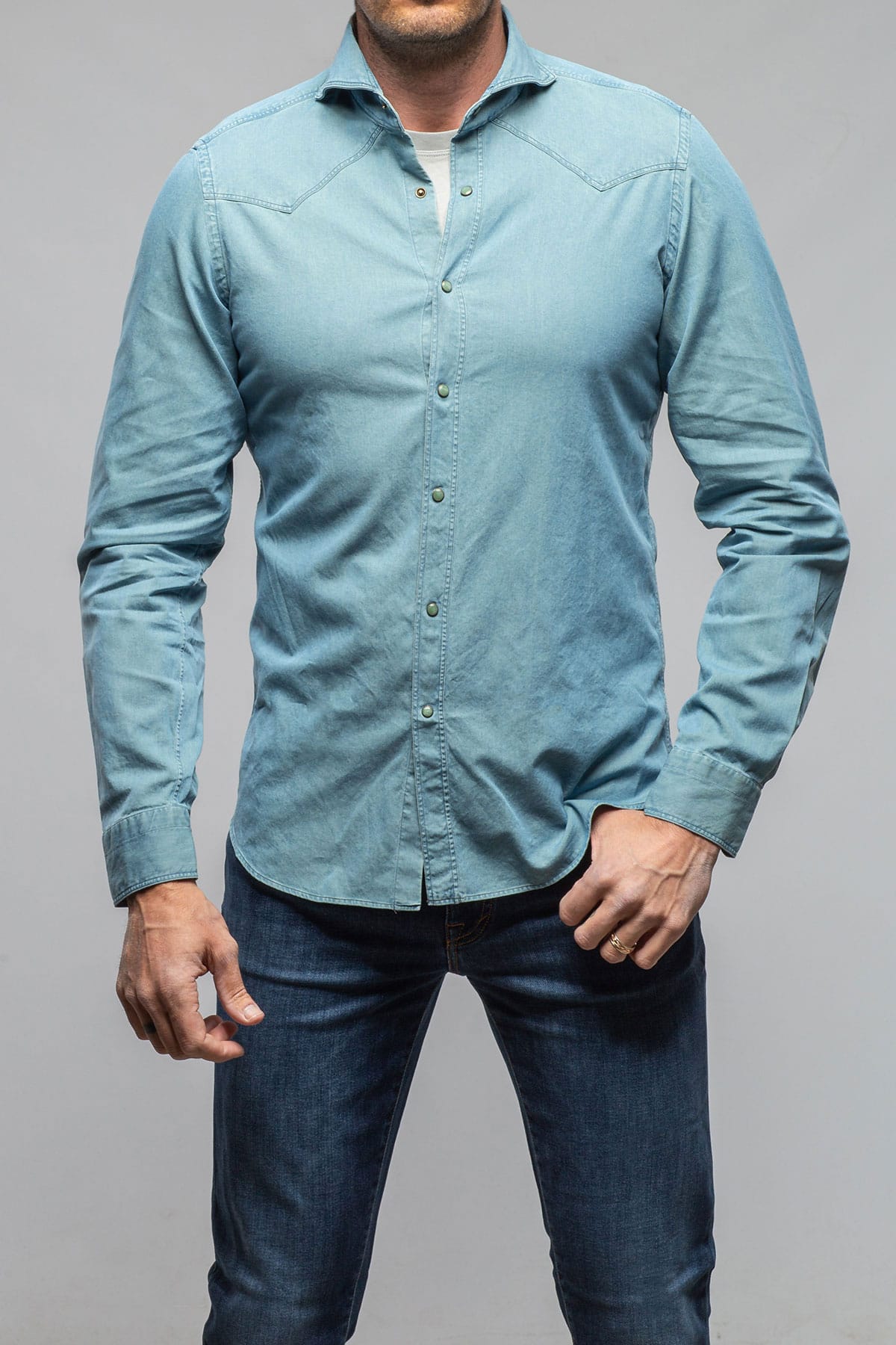 Giannetto Portofino High Water Two Tone Snap Shirt In Green/Denim Mens - Shirts - Dress