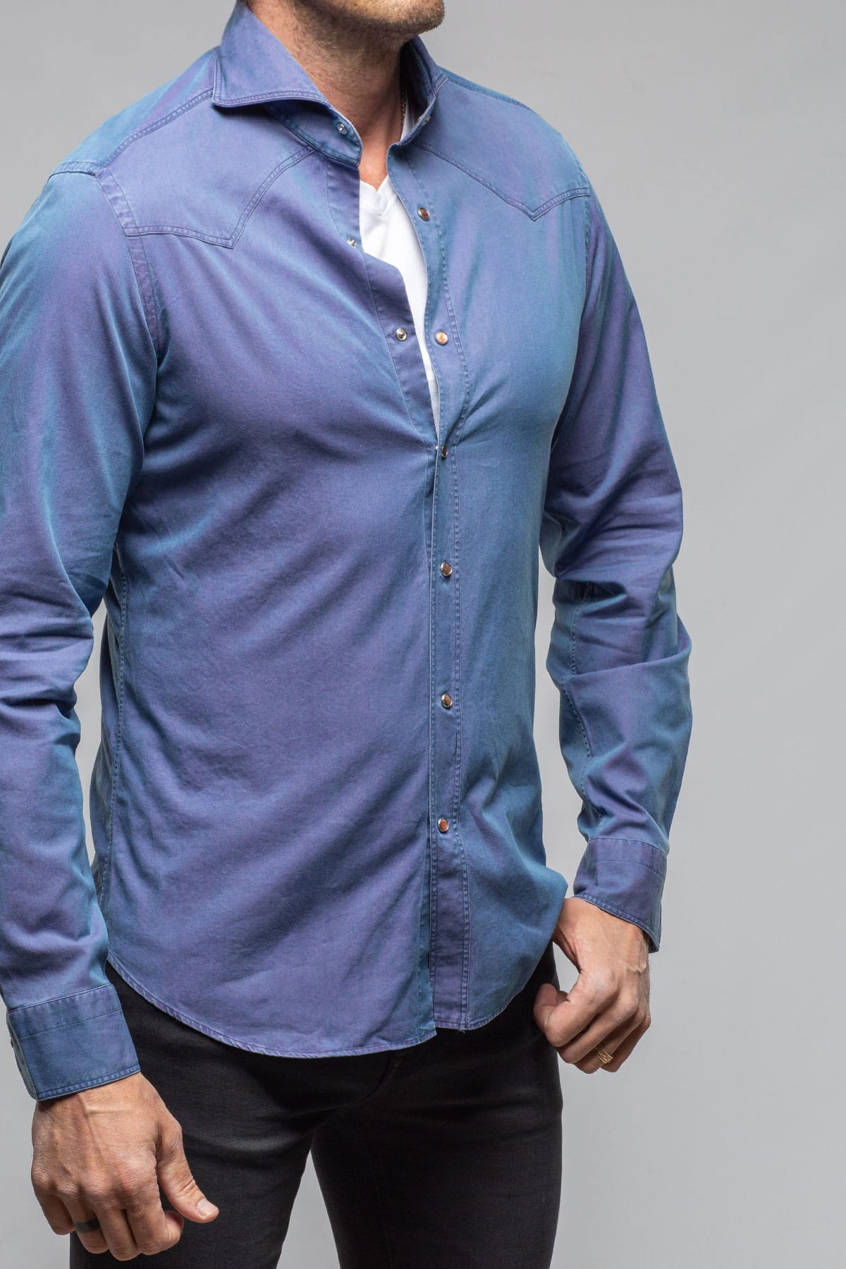 Giannetto Portofino High Water Two Tone Snap Shirt In Purple/Denim Mens - Shirts - Dress
