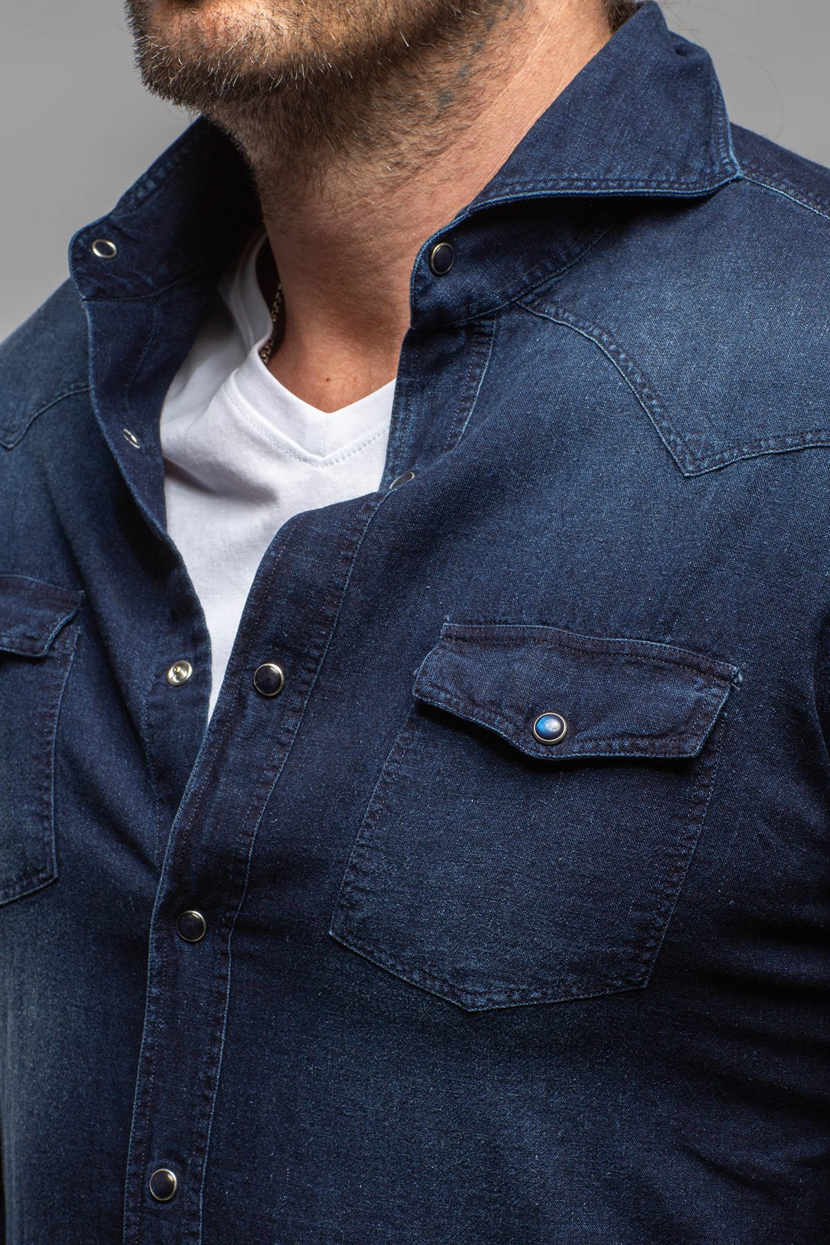 Round Rock Chambray Western Snap Shirt In Dark Blue - AXEL'S