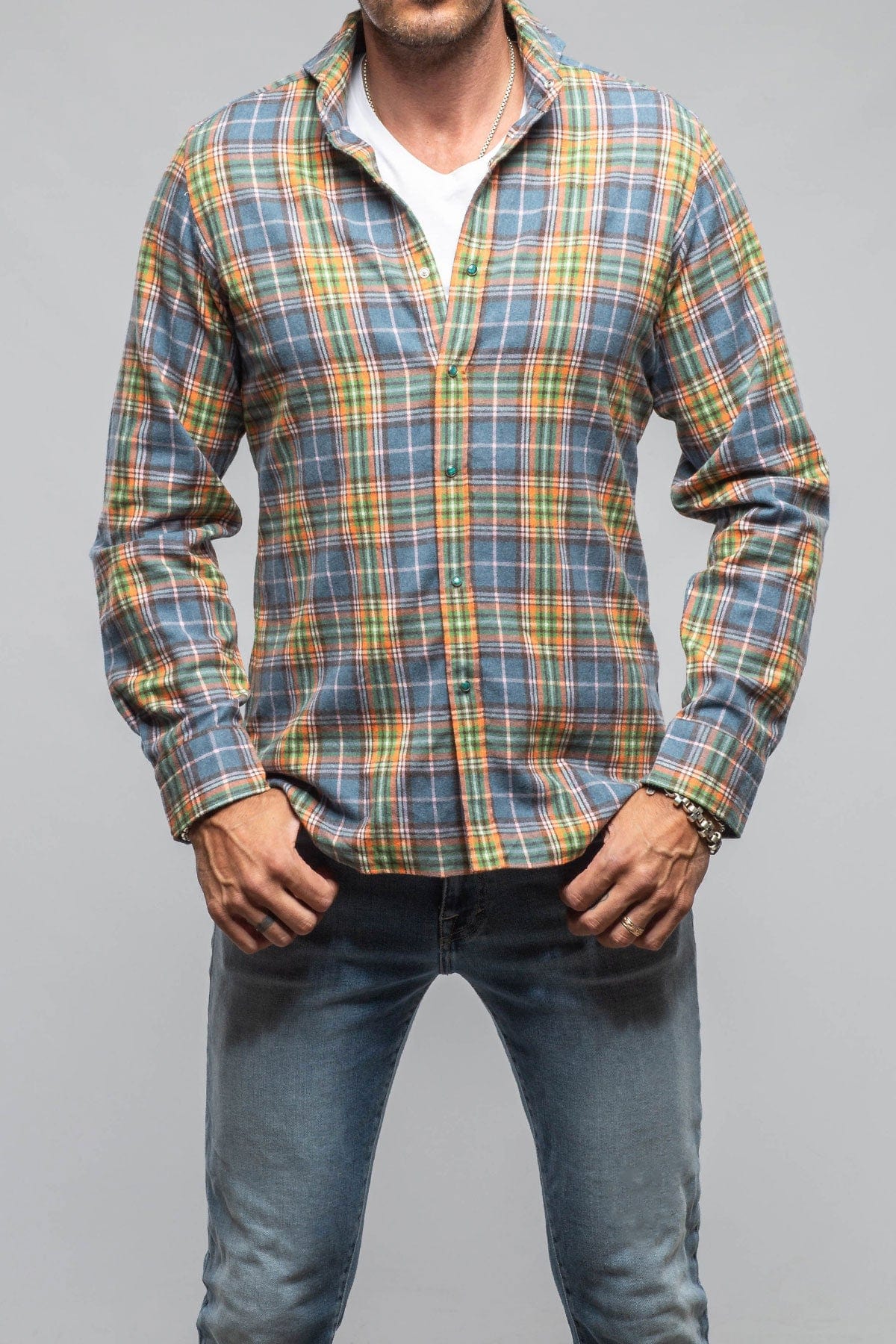 Whisper Snap Shirt In Blue Green Orange - AXEL'S