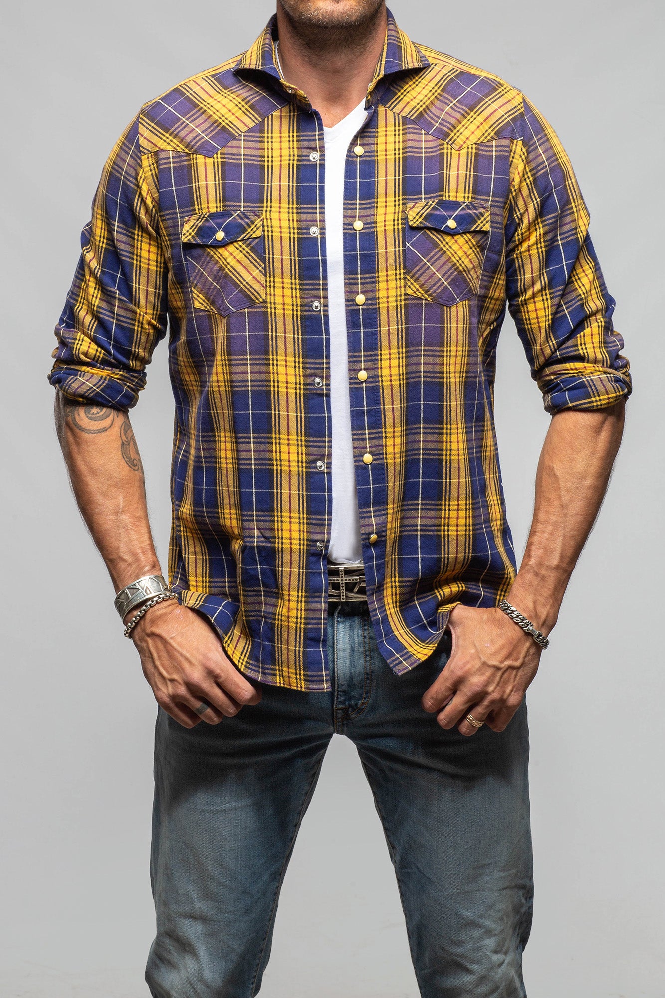 Giannetto Portofino Whistle Snap Western Shirt In Blue Yellow | Mens - Shirts - Dress
