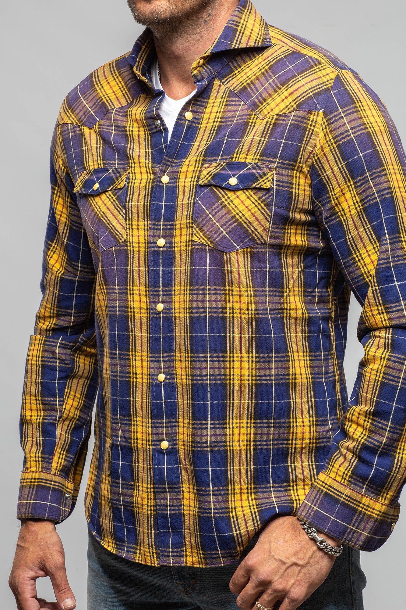 Giannetto Portofino Whistle Snap Western Shirt In Blue Yellow | Mens - Shirts - Dress