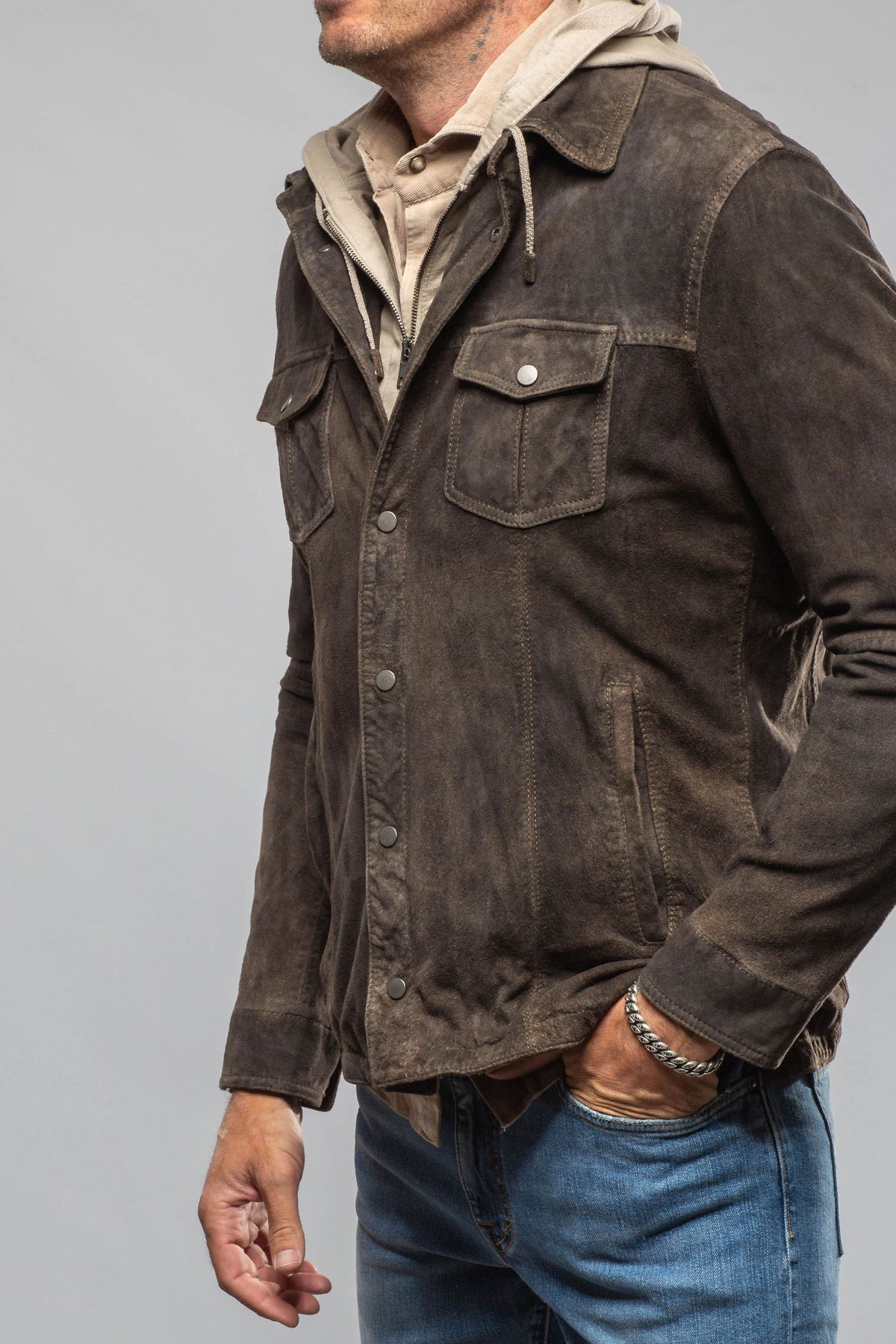 Gimo's Callum Suede Shirt with Removable Hood Mens - Outerwear - Leather